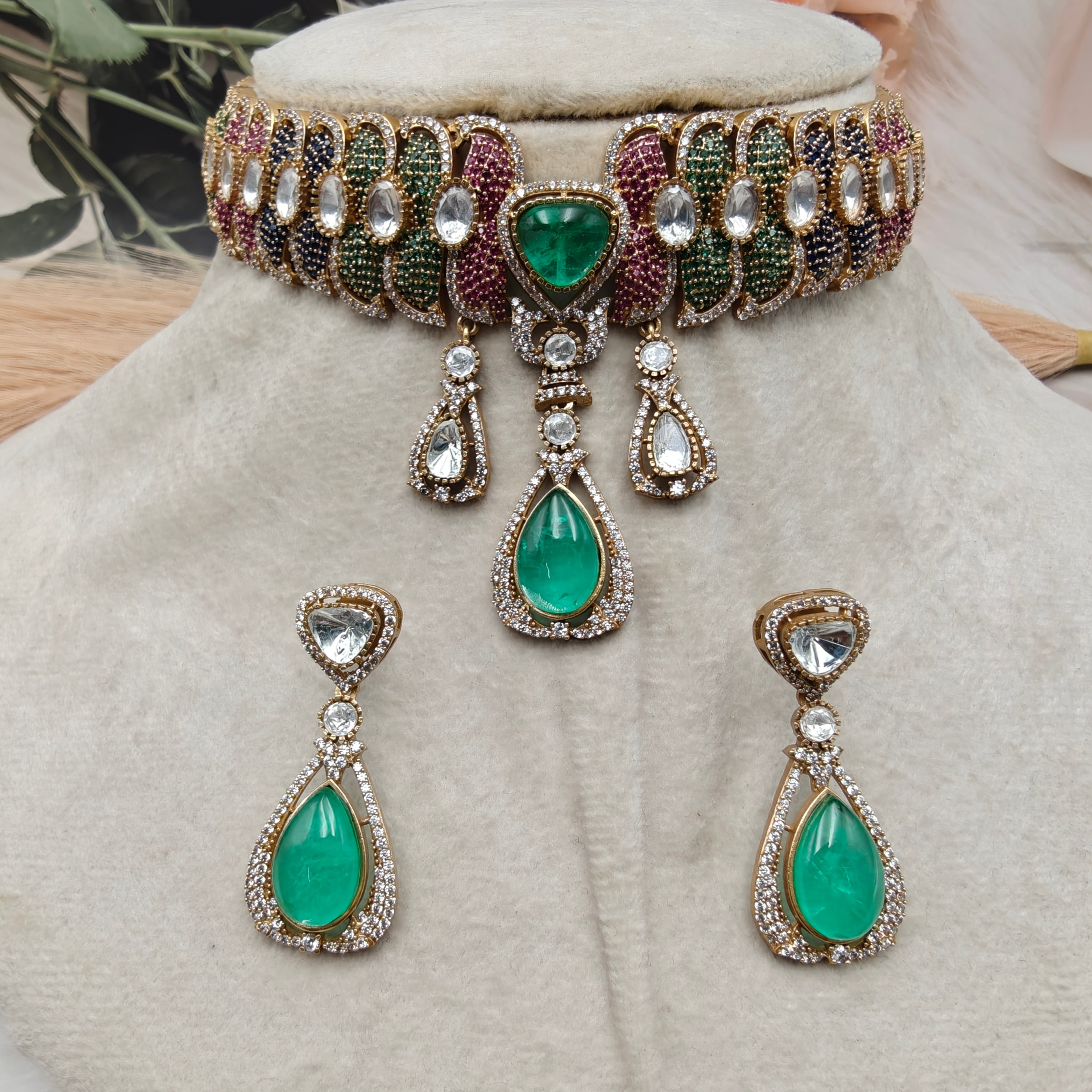 Sultanat Doublet Choker Set- Mint Multi