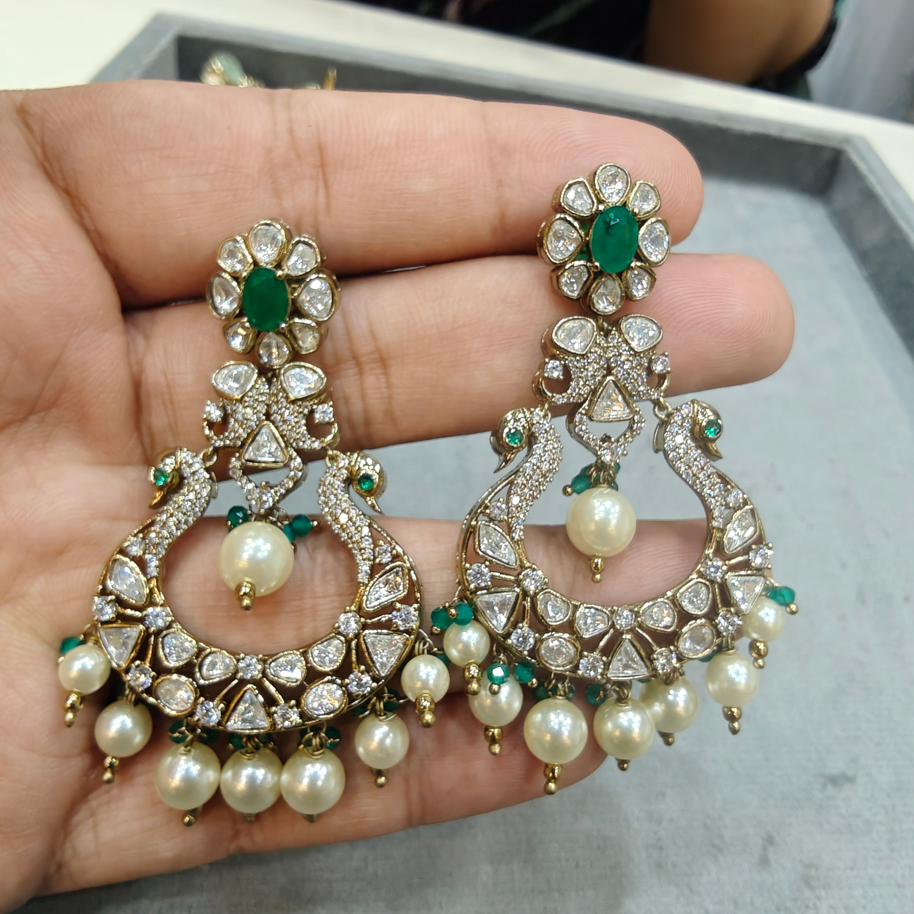 Bahara Moissanite Chandabali- Green