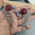 Vantara Peacock Statement Silver Plated Earrings- Ruby Coral
