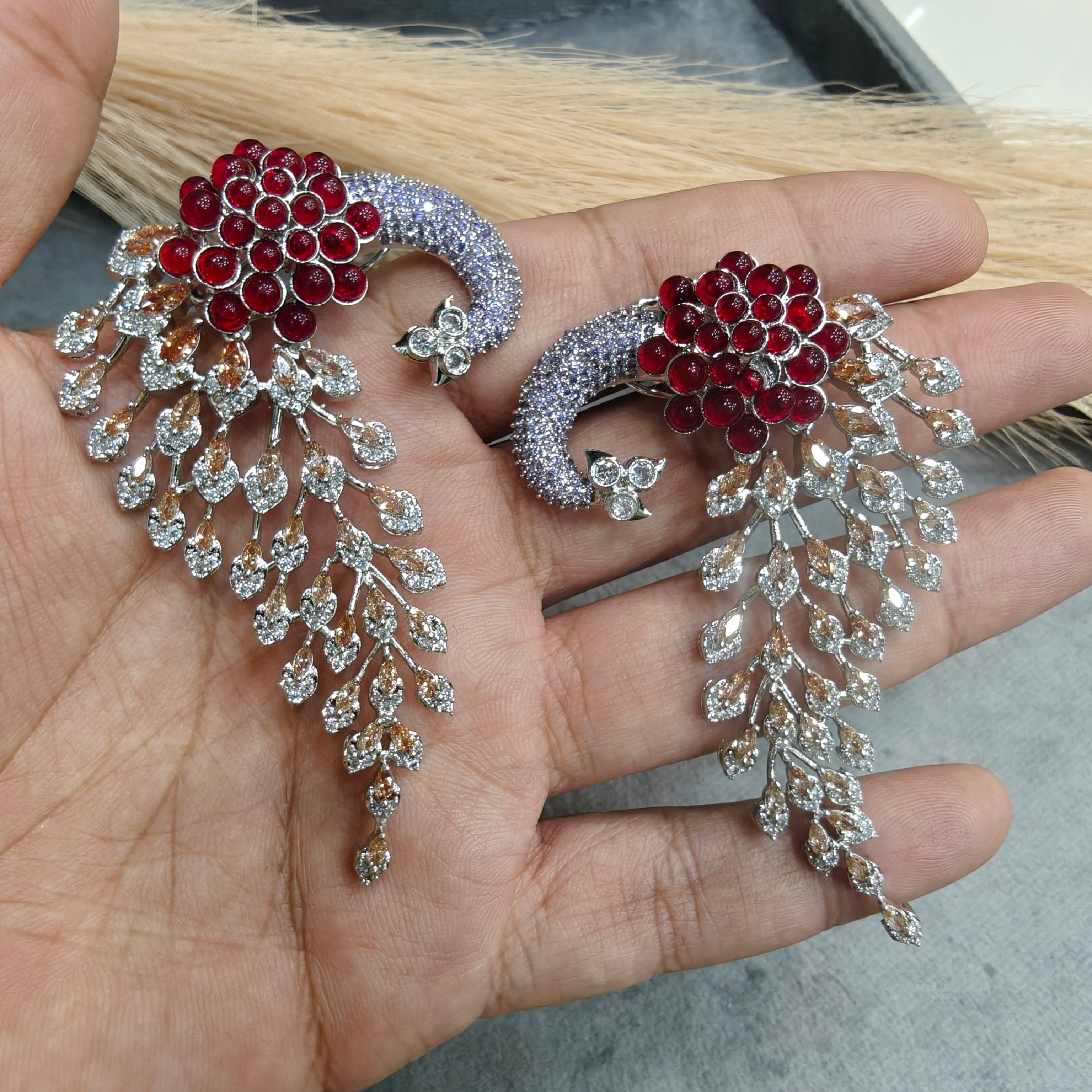 Vantara Peacock Statement Silver Plated Earrings- Ruby Coral