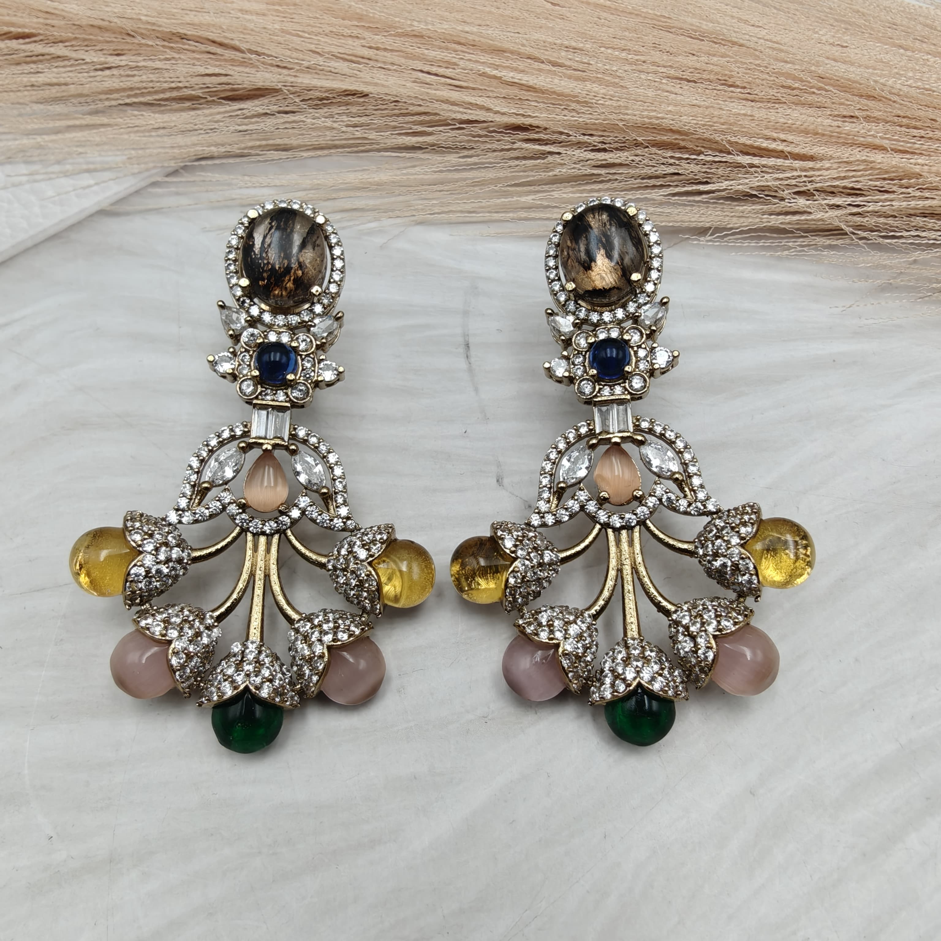 Ambika Statement Gemstone Earrings- Brown Multi