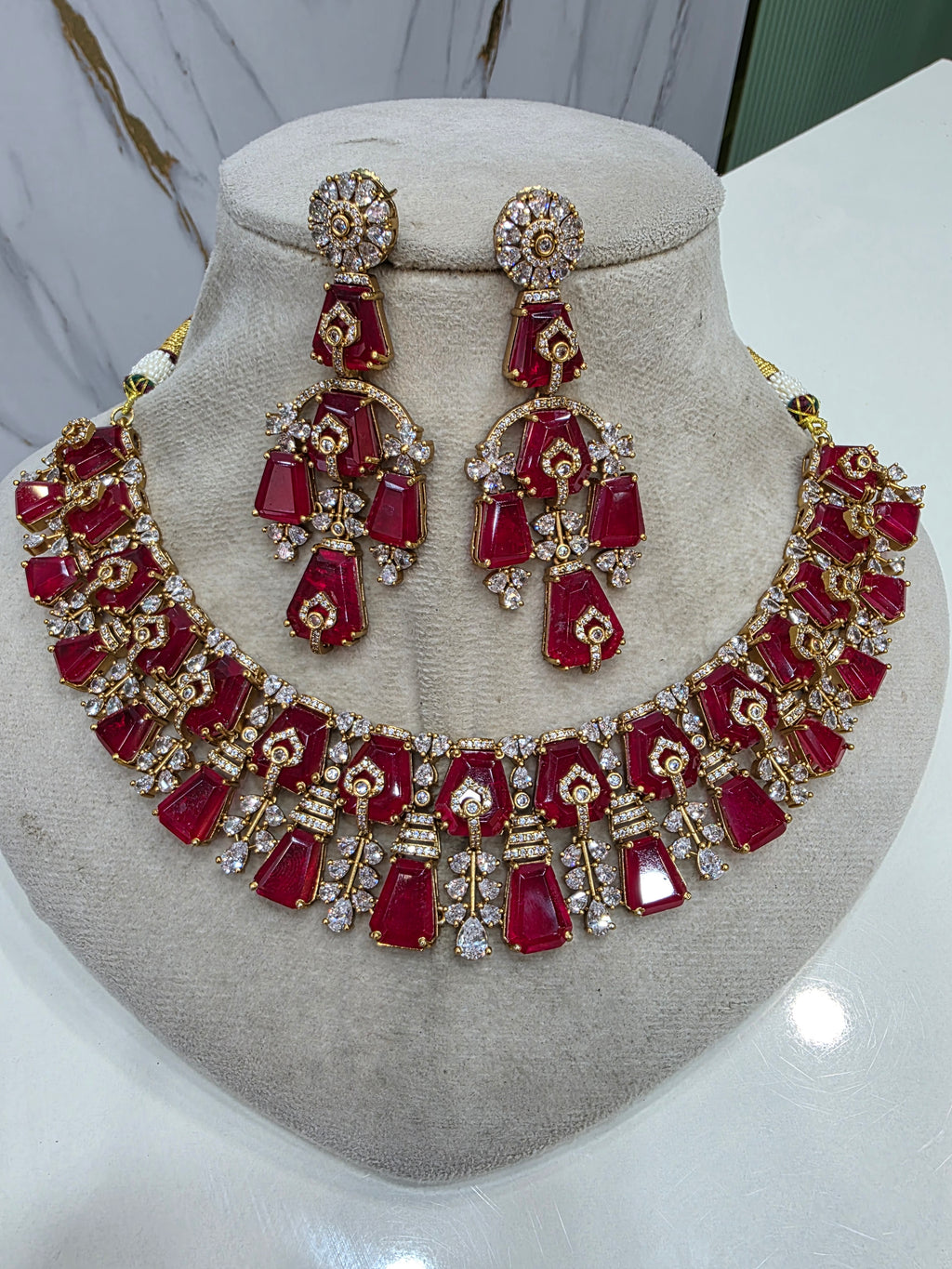 Gazal Russian Doublet Statement Necklace Set- Ruby Red