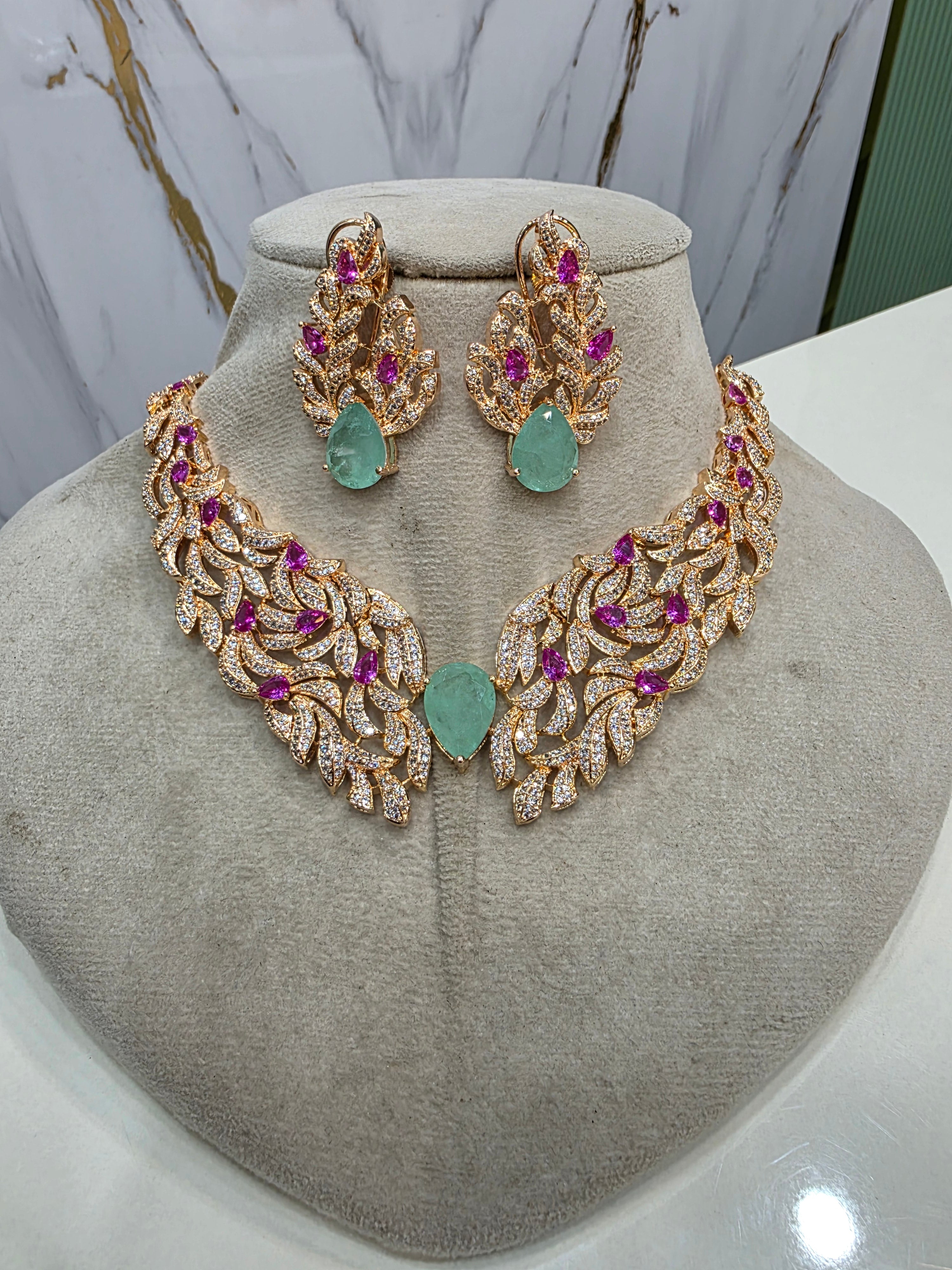 Srishti Premium Carat Plating Russian Doublet Necklace Set- Mint Pink