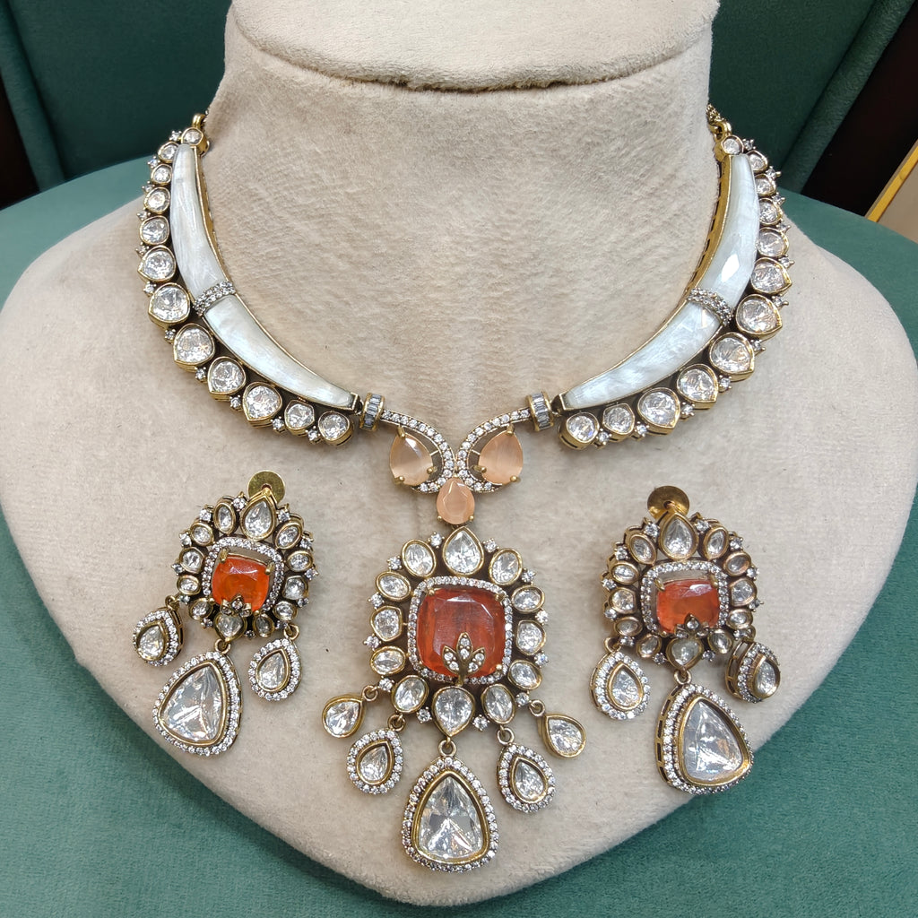 Elira Shell Stone and Doublet Hasli Style Necklace Set- Orange