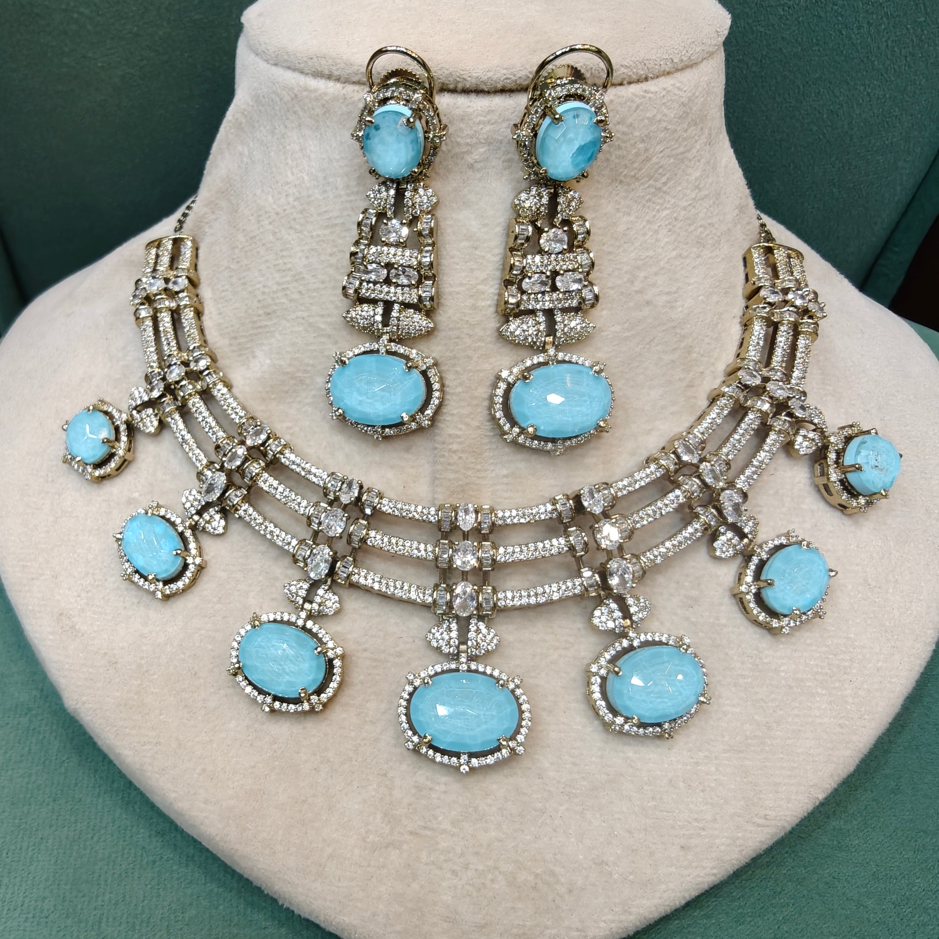 Kalindi Designer Statement Necklace Set- Sky Blue