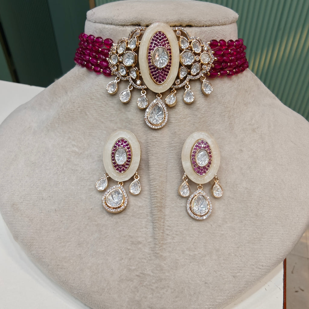 Ayla Mother Of Pearl Choker Set- Dark Pink