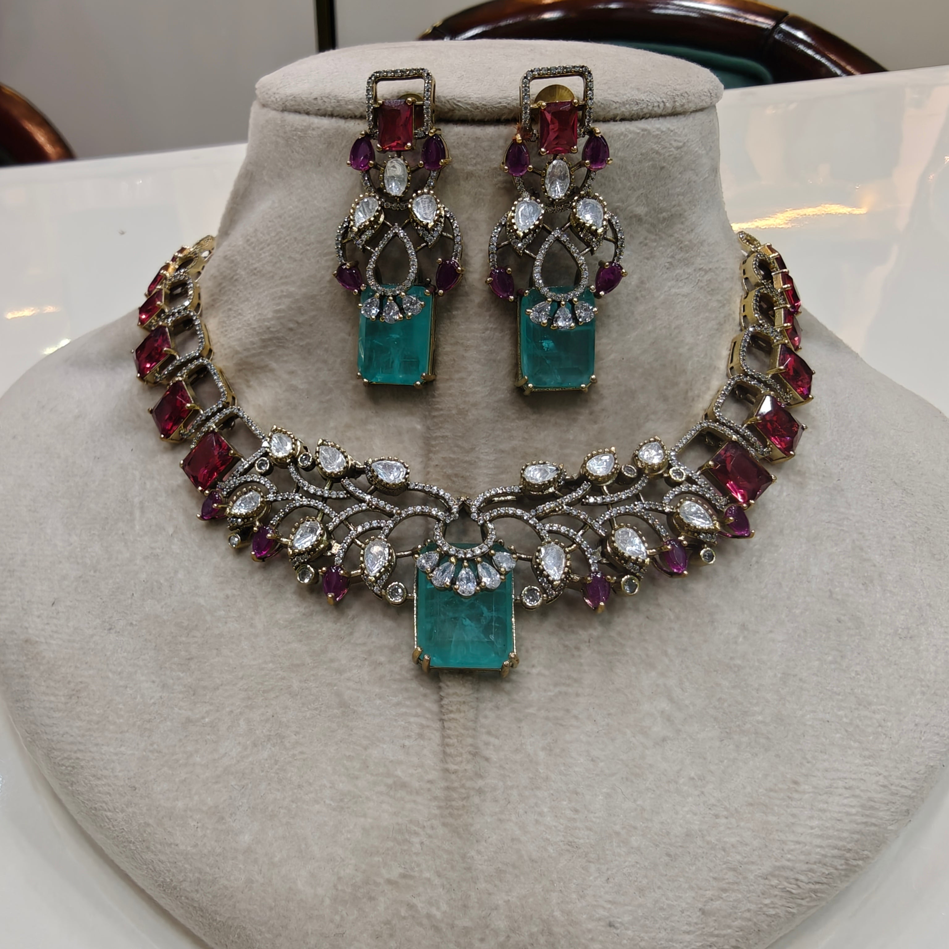 Adavni Doublet Necklace Set- Ruby Mint
