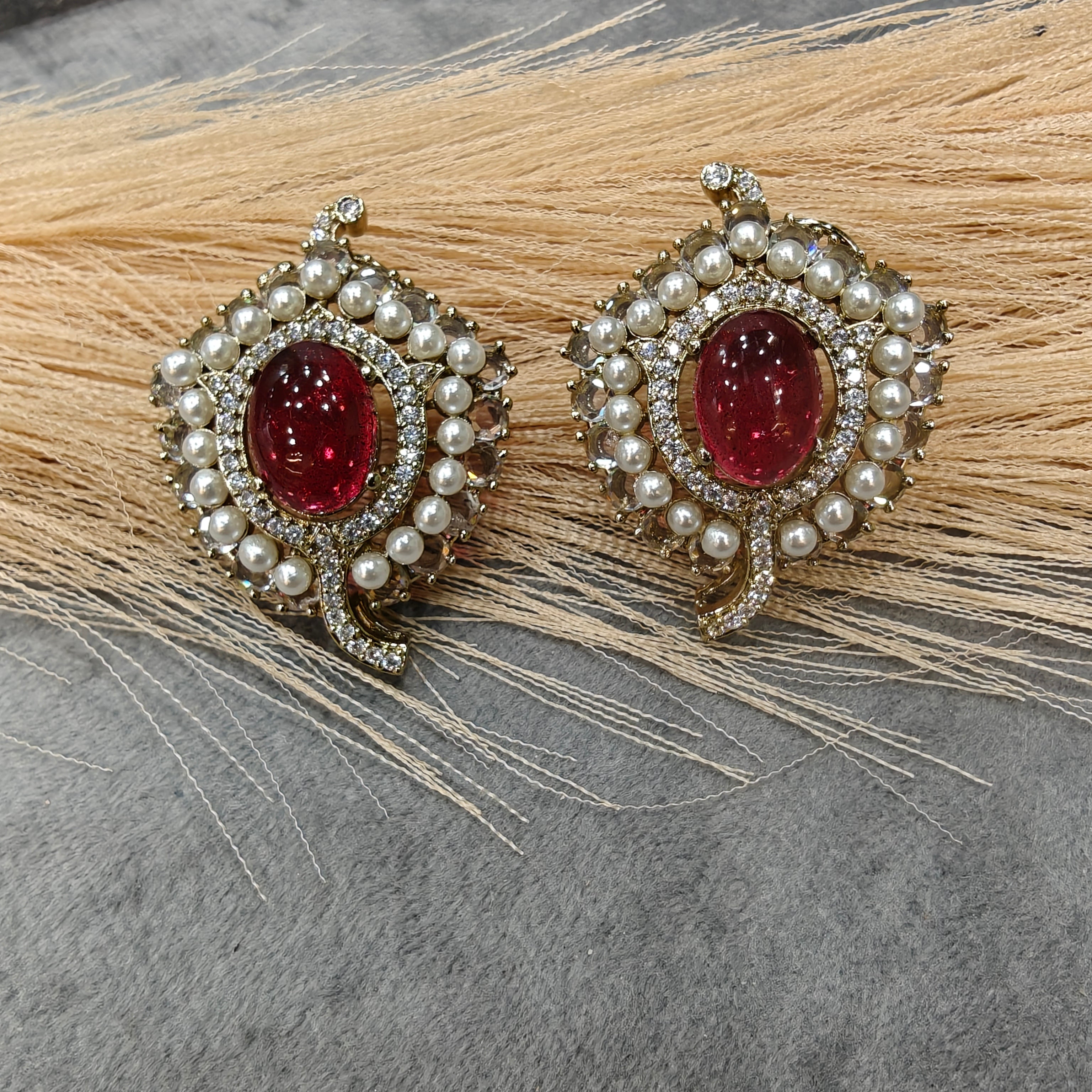 Ruksaar Cabochon Doublet and Cut Polki Studs- Ruby Red