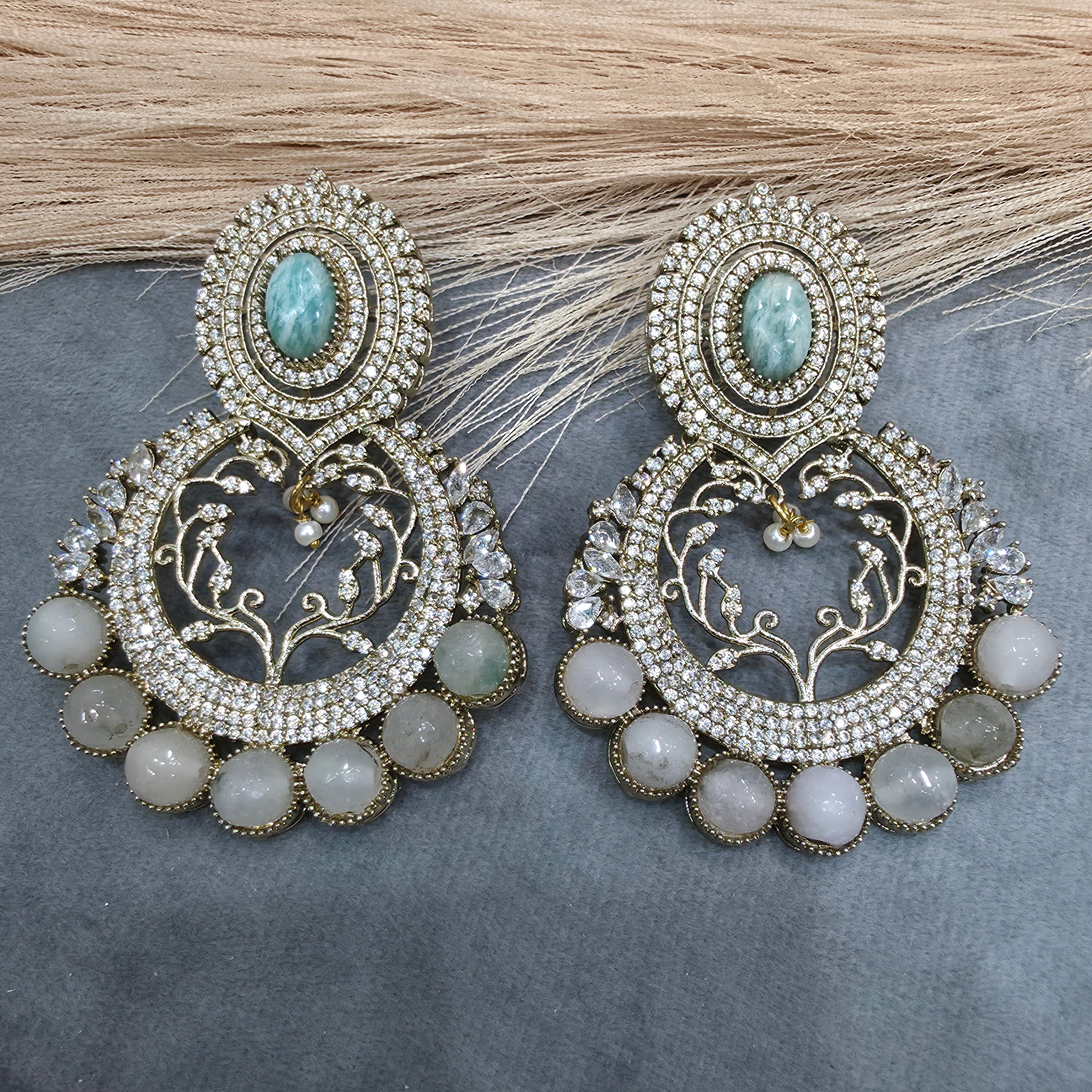 Amrita Natural Stone Chandbali- Aquamarine and Soft Pink