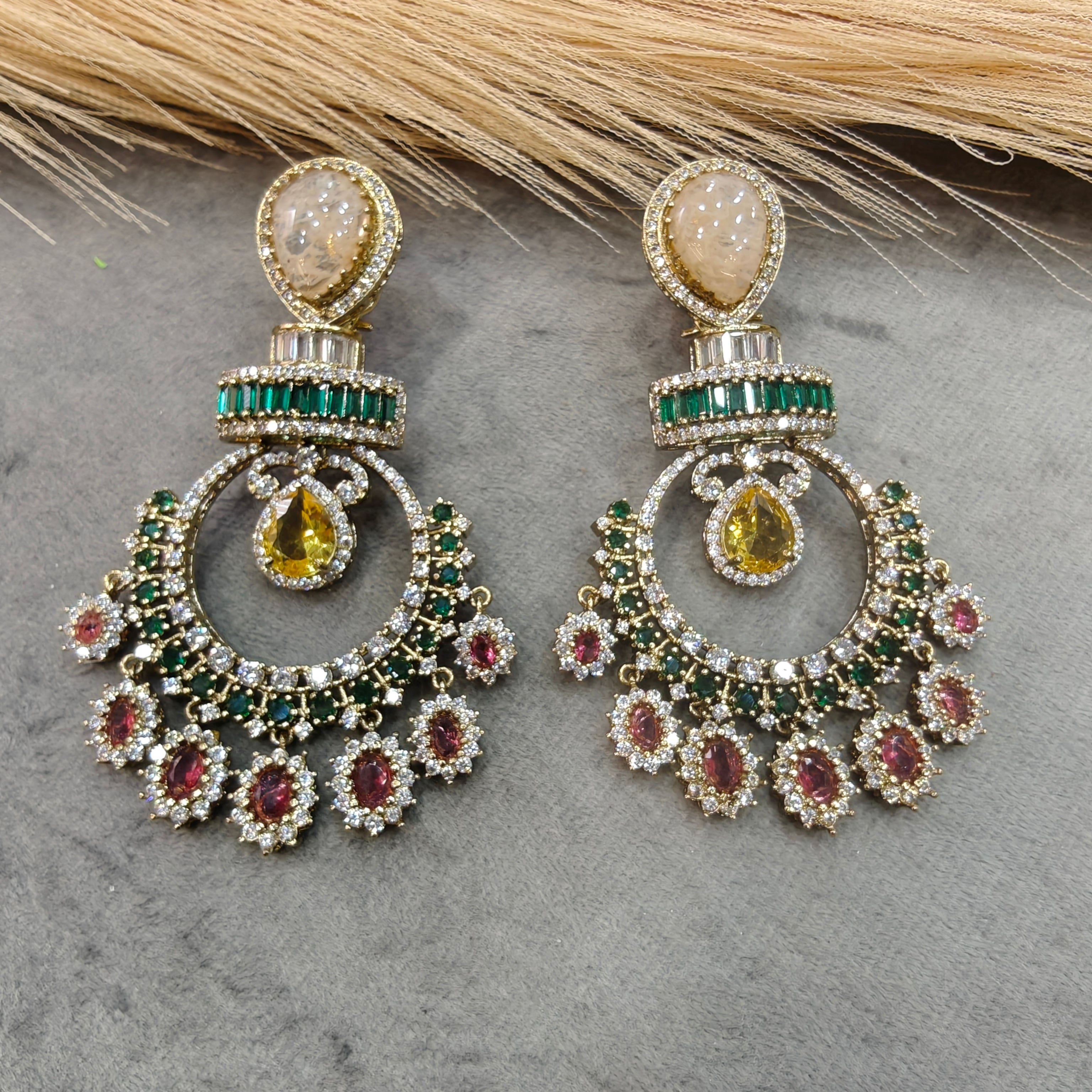 Pritha Sabya Inspired Chandbali-  Green Beige Multi