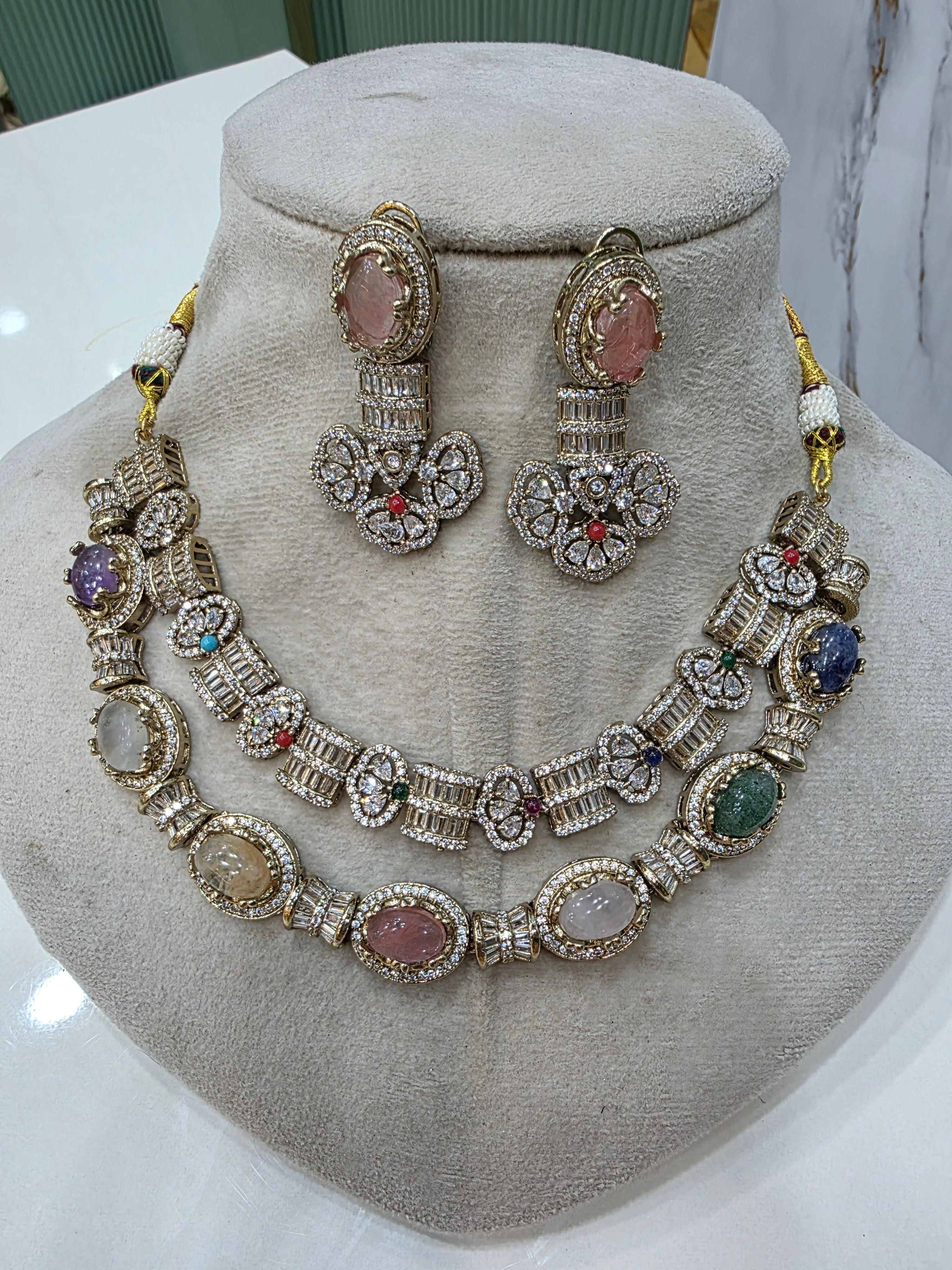 Double Layer Koshu Sabya Inspired Necklace Set- Multi