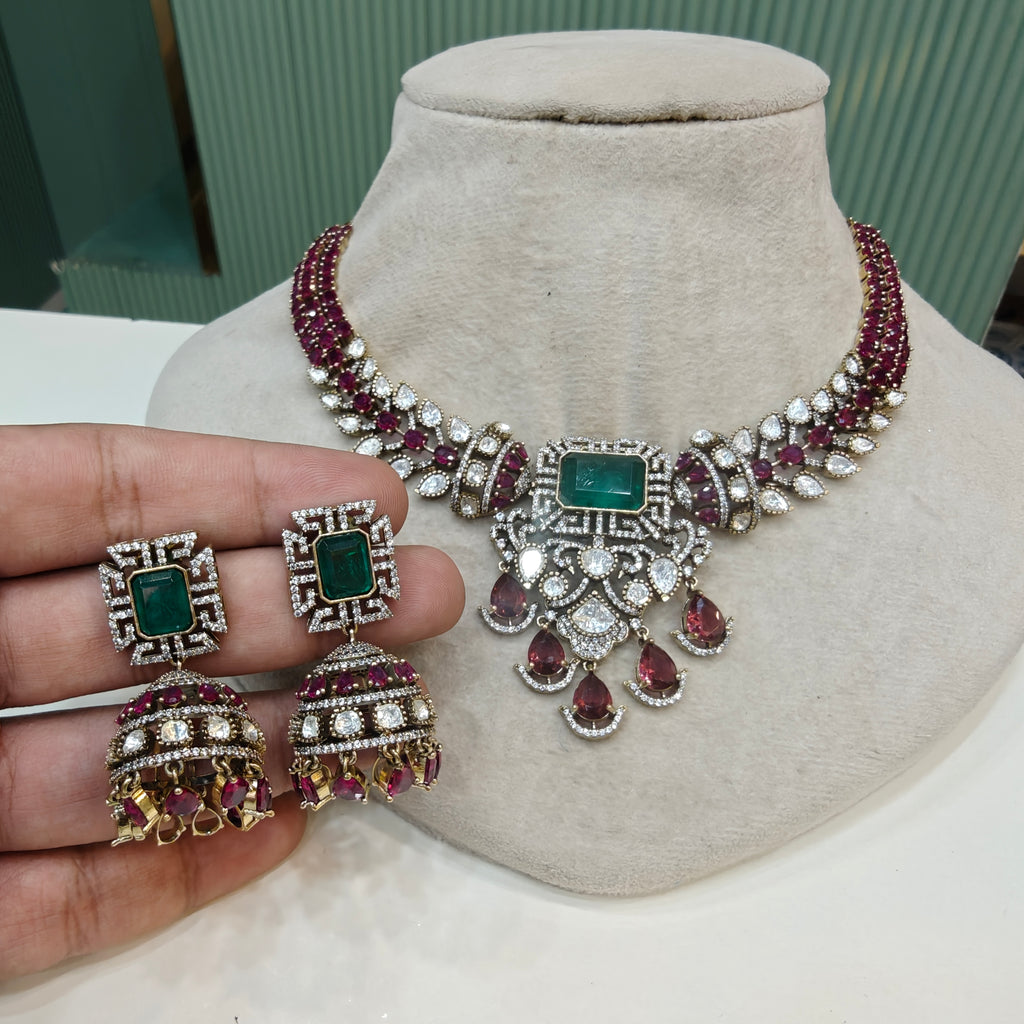 Amrita Uncut Polki Necklace Set- Ruby Green