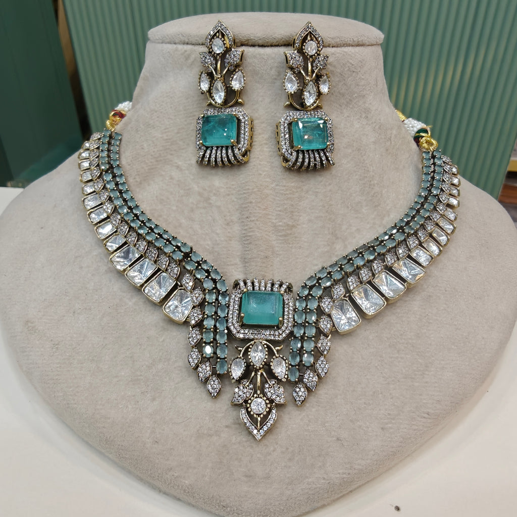 Silky Doublet and Uncut Polki Necklace Set- Aqua Green