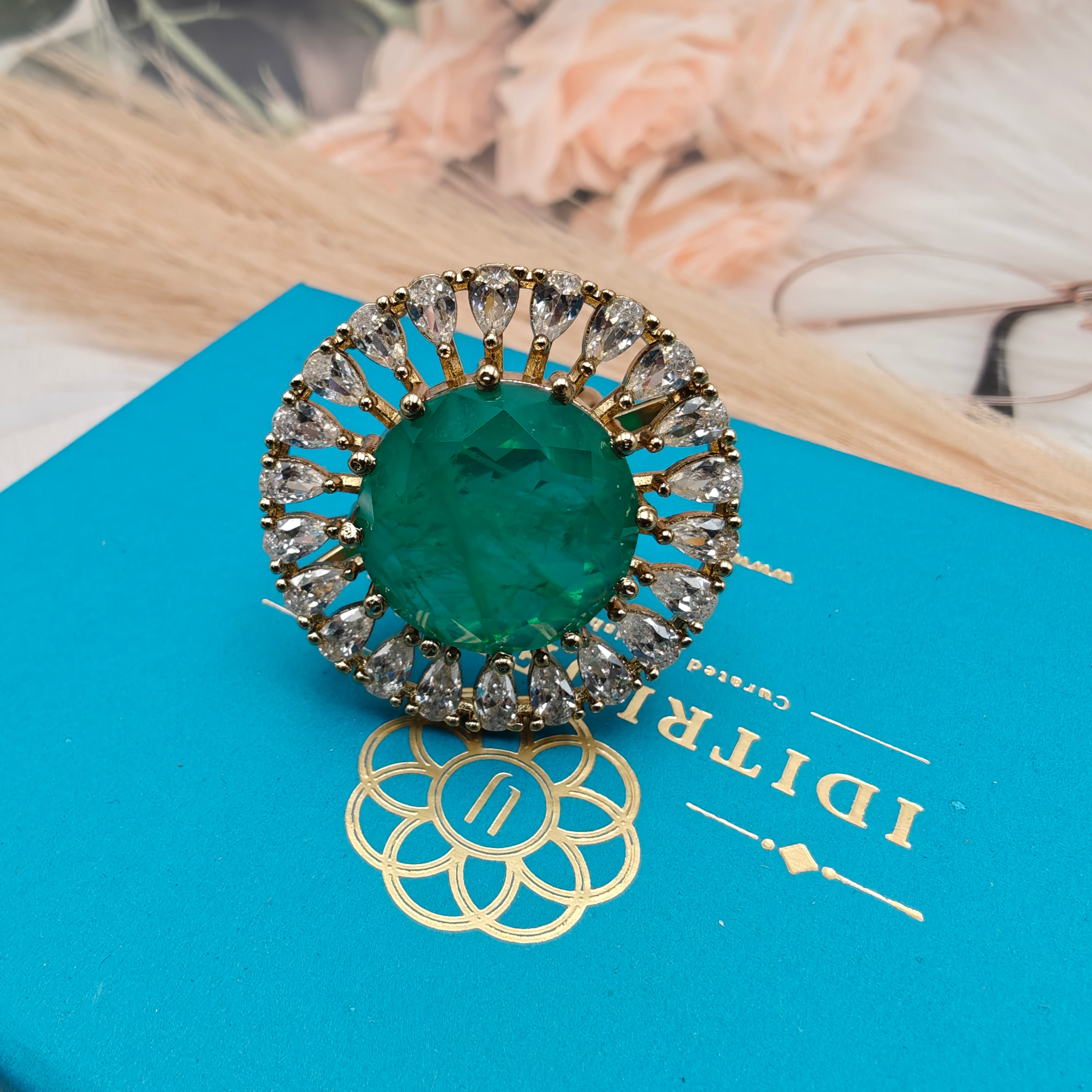 Naisha Doublet AD Adjustable Cocktail Ring- Emerald Green