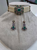 Damini Hazoori Doublet Choker Necklace Set- Emerald Pink