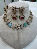 Svarag Sabyasachi Inspired Druzy Stone Choker Necklace Set- Teal Green Red
