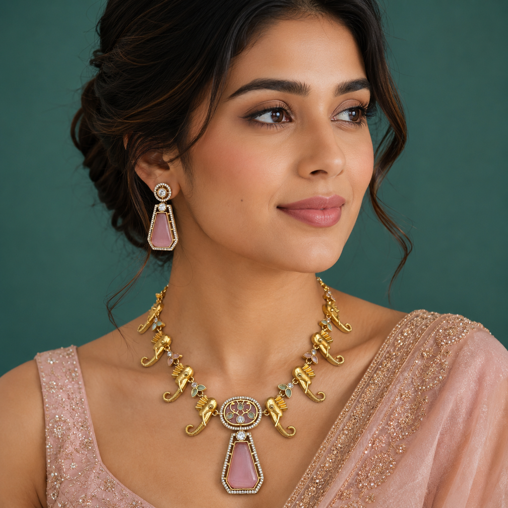 Gajraj Holdali Necklace Set- Pink Mint