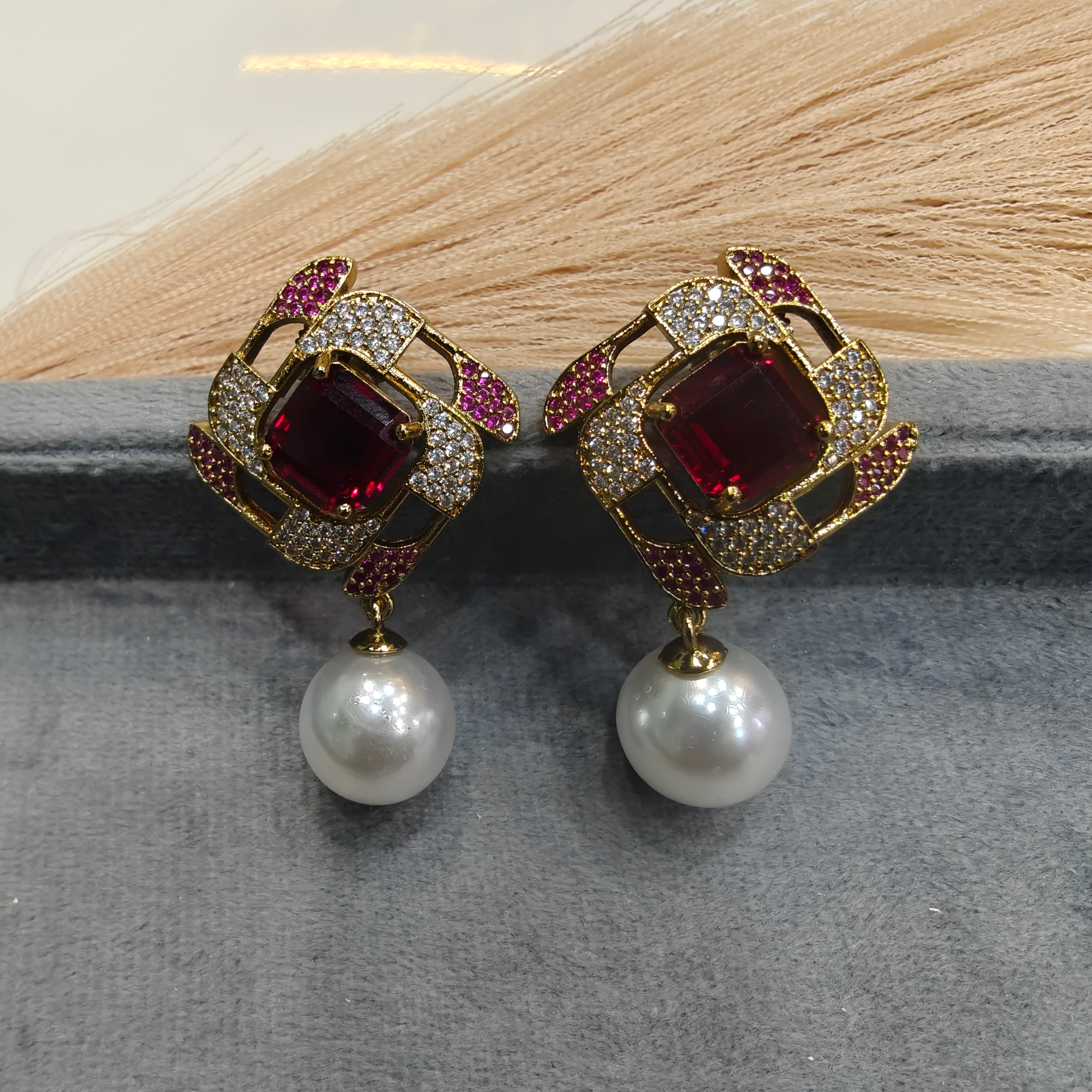 Shaanvi Sabyasachi Inspired Pearl Drop Stud Earrings- Ruby