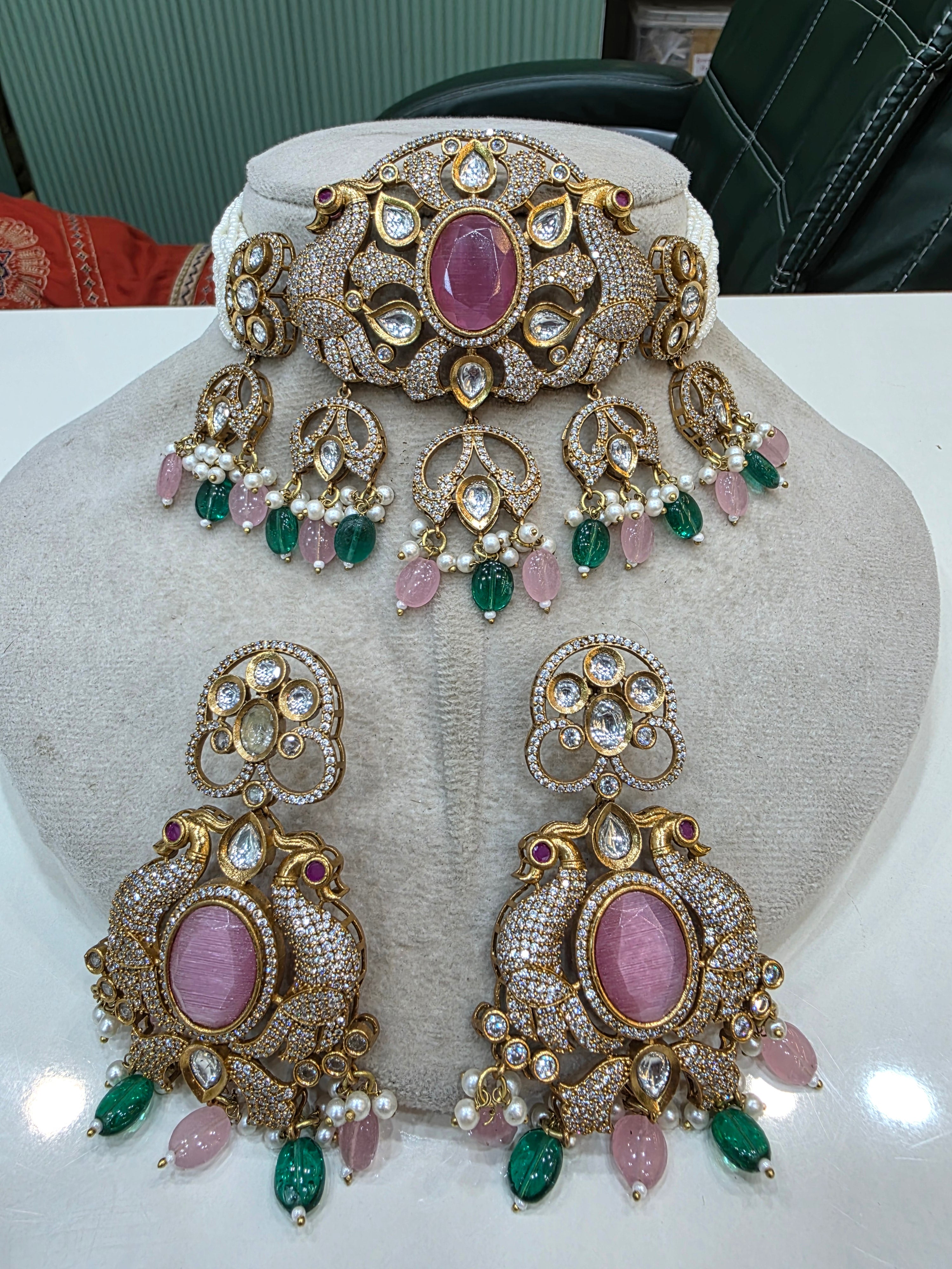 Nandini Mayura Choker Set- Pink and Green
