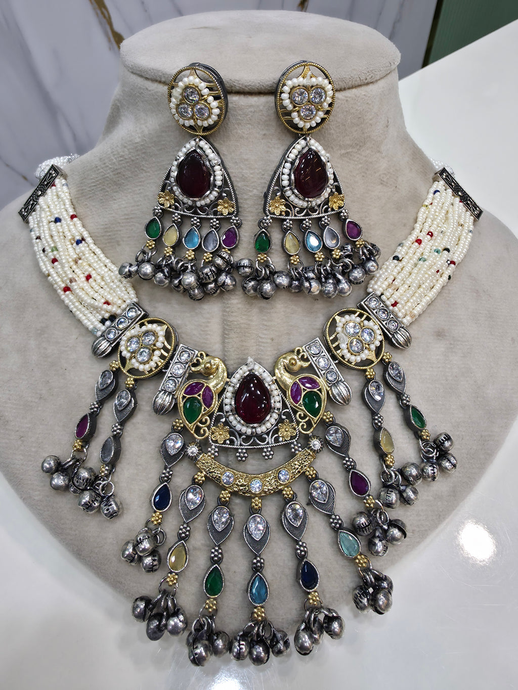 Shriyali Silver Oxidised Brass Choker Necklace Set- Multi
