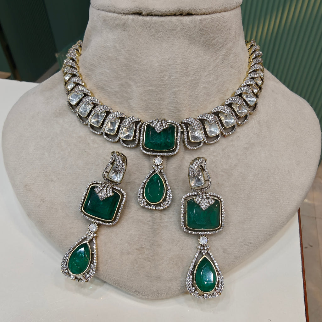 Madhumita Doublet Polki Necklace Set- Emerald