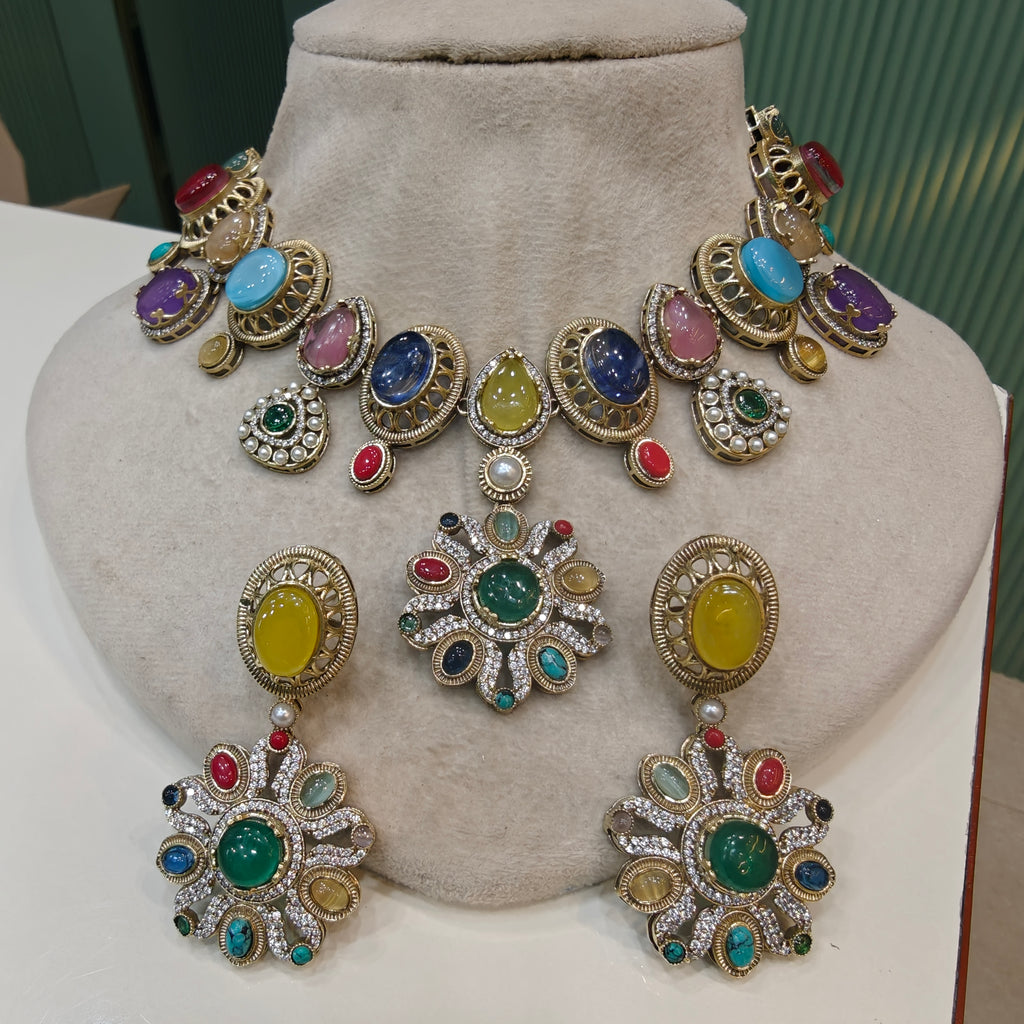 Rubaru Multi Quartz Necklace Set- Green Multi