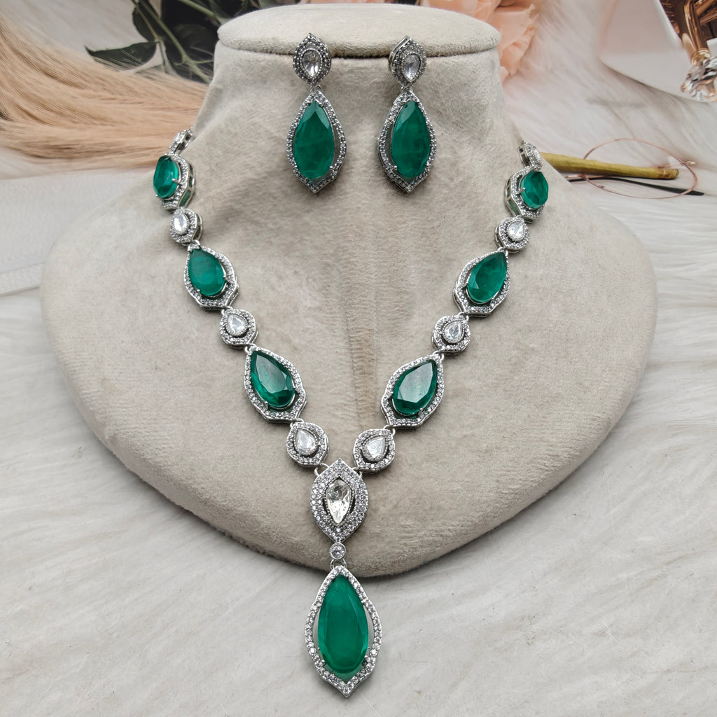 Anusha Doublet and Uncut Polki Necklace Set (Silver Finish)- Green