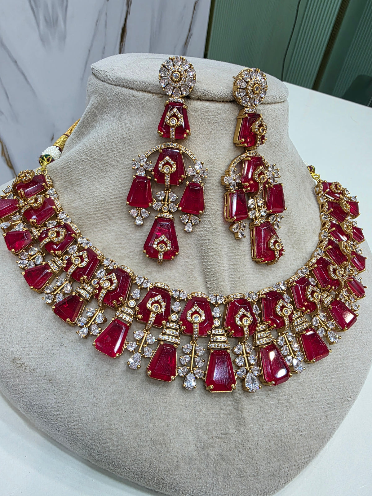 Gazal Russian Doublet Statement Necklace Set- Ruby Red
