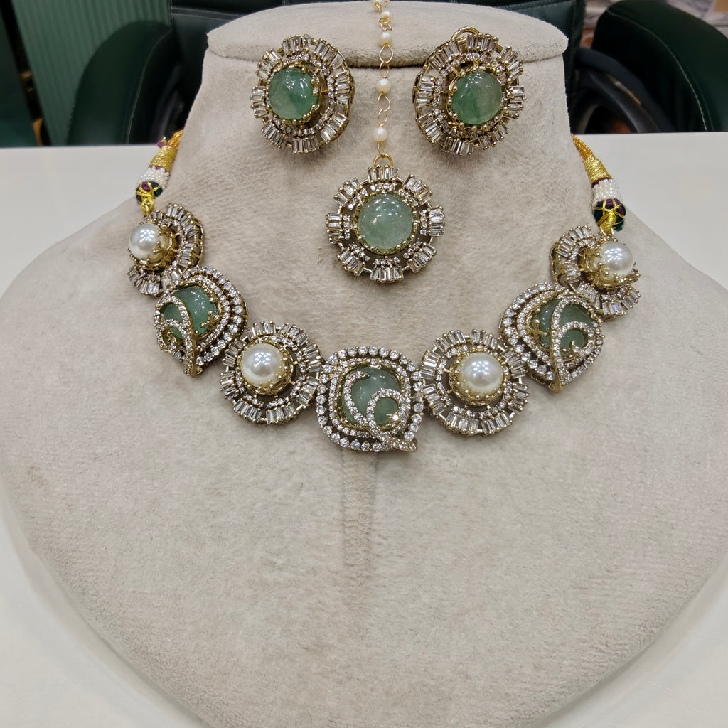 Sakshi Natural Stone and Pearl Choker Necklace Set with Mangtikka- Mint and White