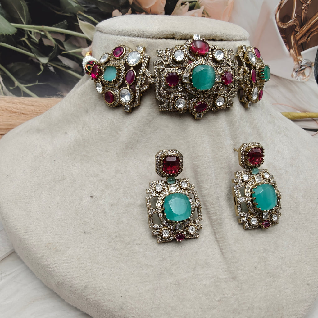 Sabyasachi Inspired Vatsala Multi Choker Set- Mint Ruby