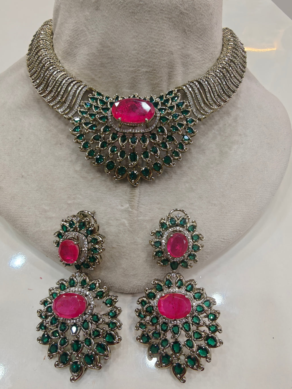 Ratiya Designer Collection Statement Necklace Set- Green and Hot Pink