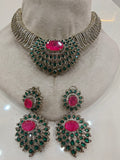 Ratiya Designer Collection Statement Necklace Set- Green and Hot Pink