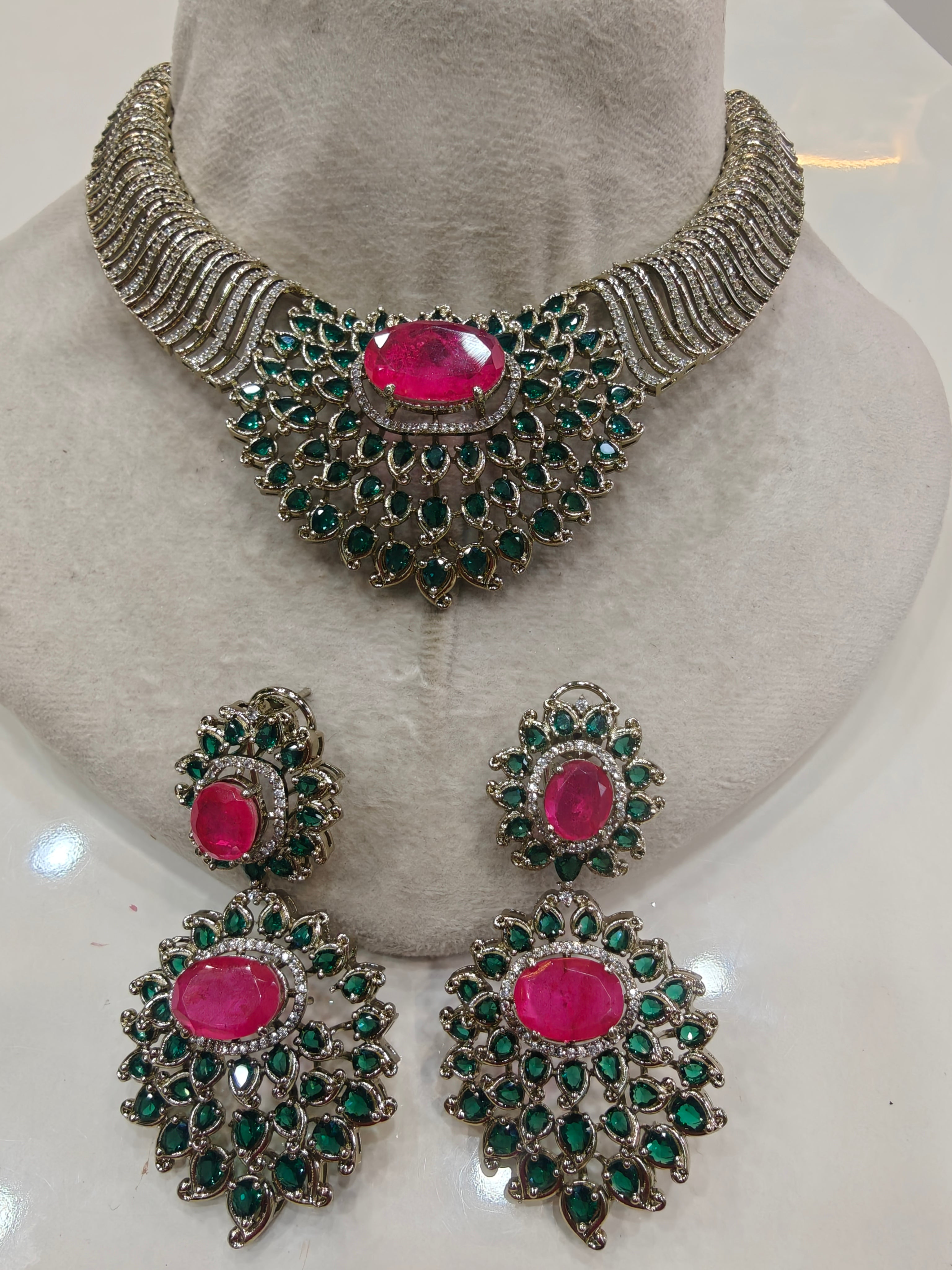 Ratiya Designer Collection Statement Necklace Set- Green and Hot Pink