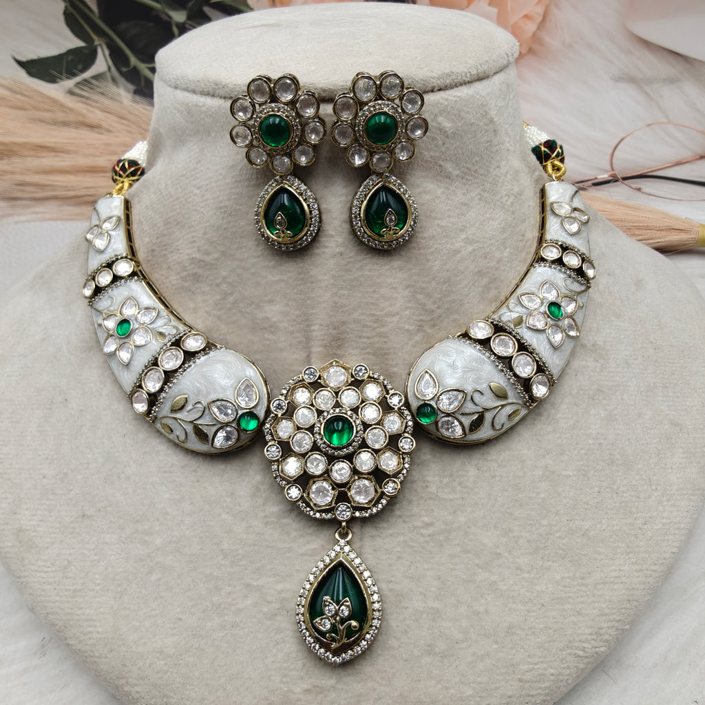 Noor-e-Gul Enamel work Moissanite Hasli Set- Green