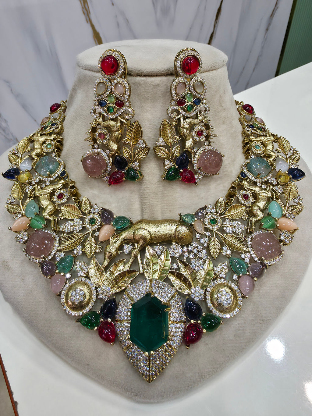 Aranya Vantara Semi Precious Stones Statment Necklace Set- Green Multi