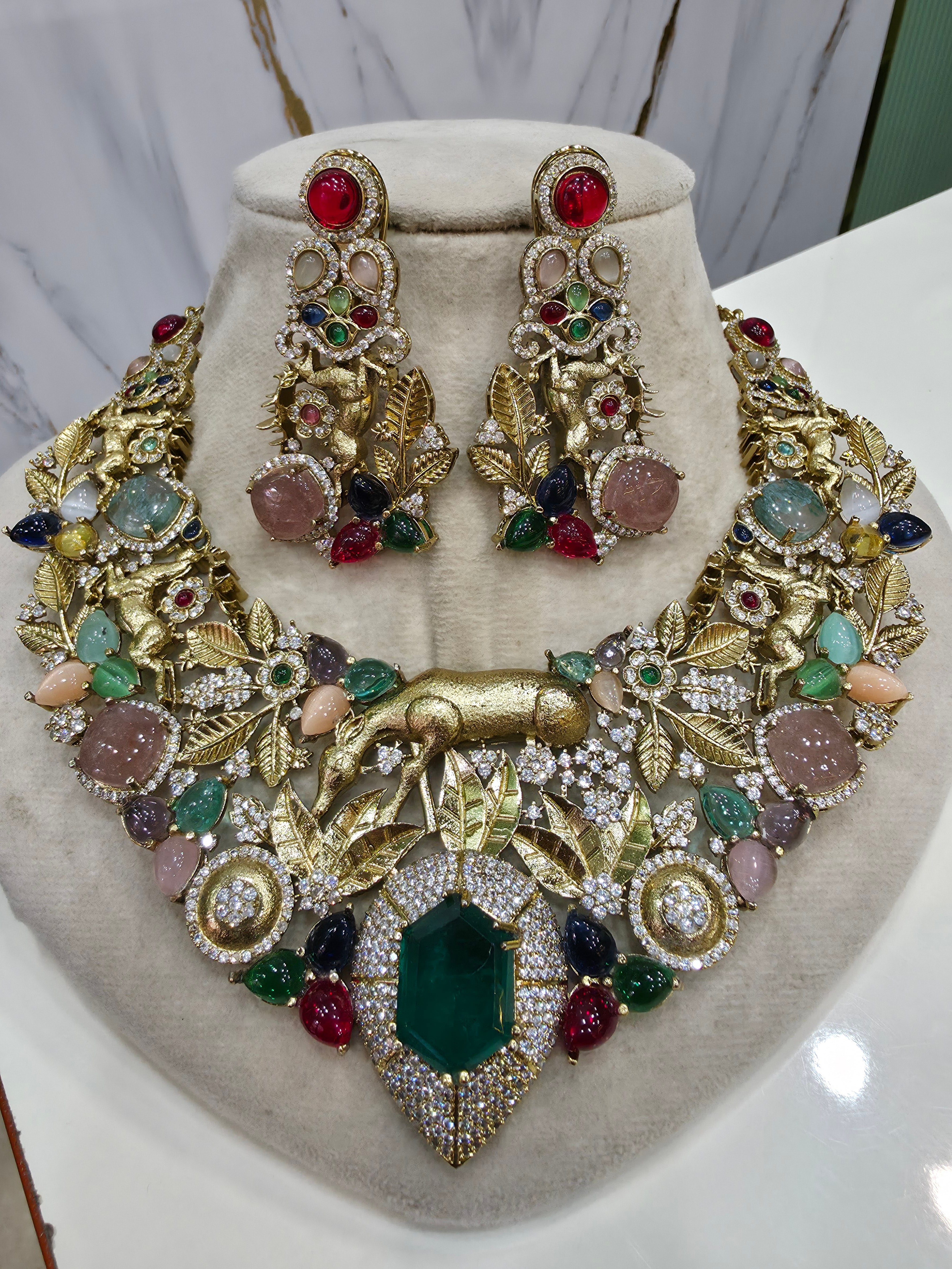 Aranya Vantara Semi Precious Stones Statment Necklace Set- Green Multi