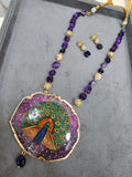 Peacock Tanjore Natural Stone Necklace Set - Purple