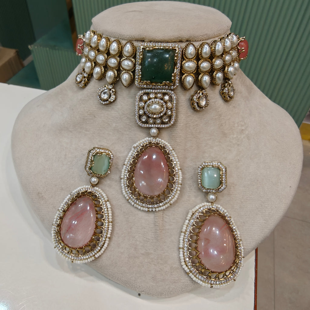 Alokika Sabya Inspired Pearl and Natural Stone Necklace Set- Green Coral