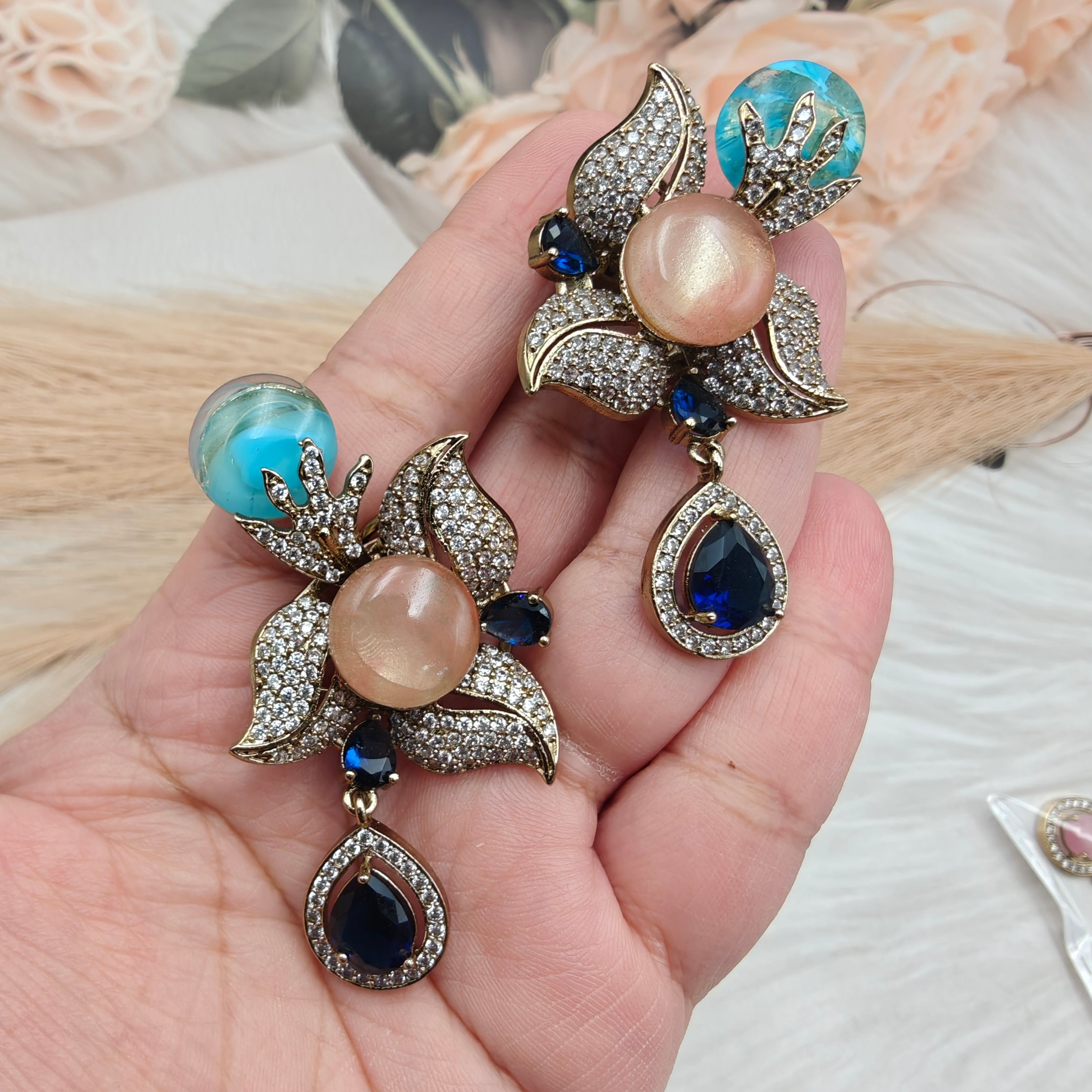 Nartika Sabyasachi Inspired Statement Gemstone Studs- Peach Blue