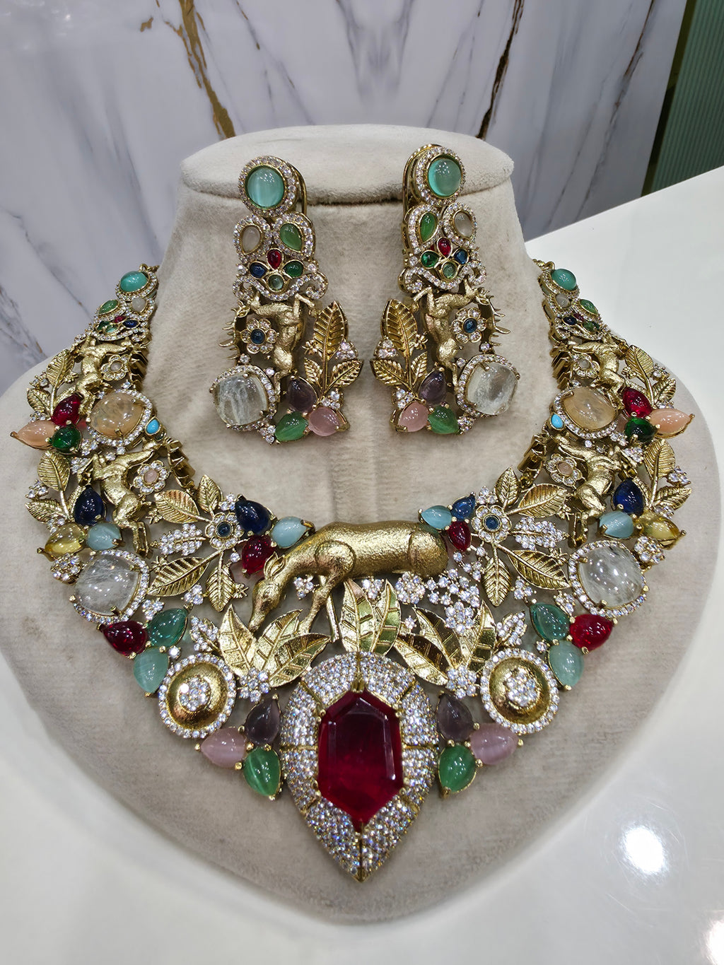 Aranya Vantara Semi Precious Stones Statment Necklace Set- Red Multi
