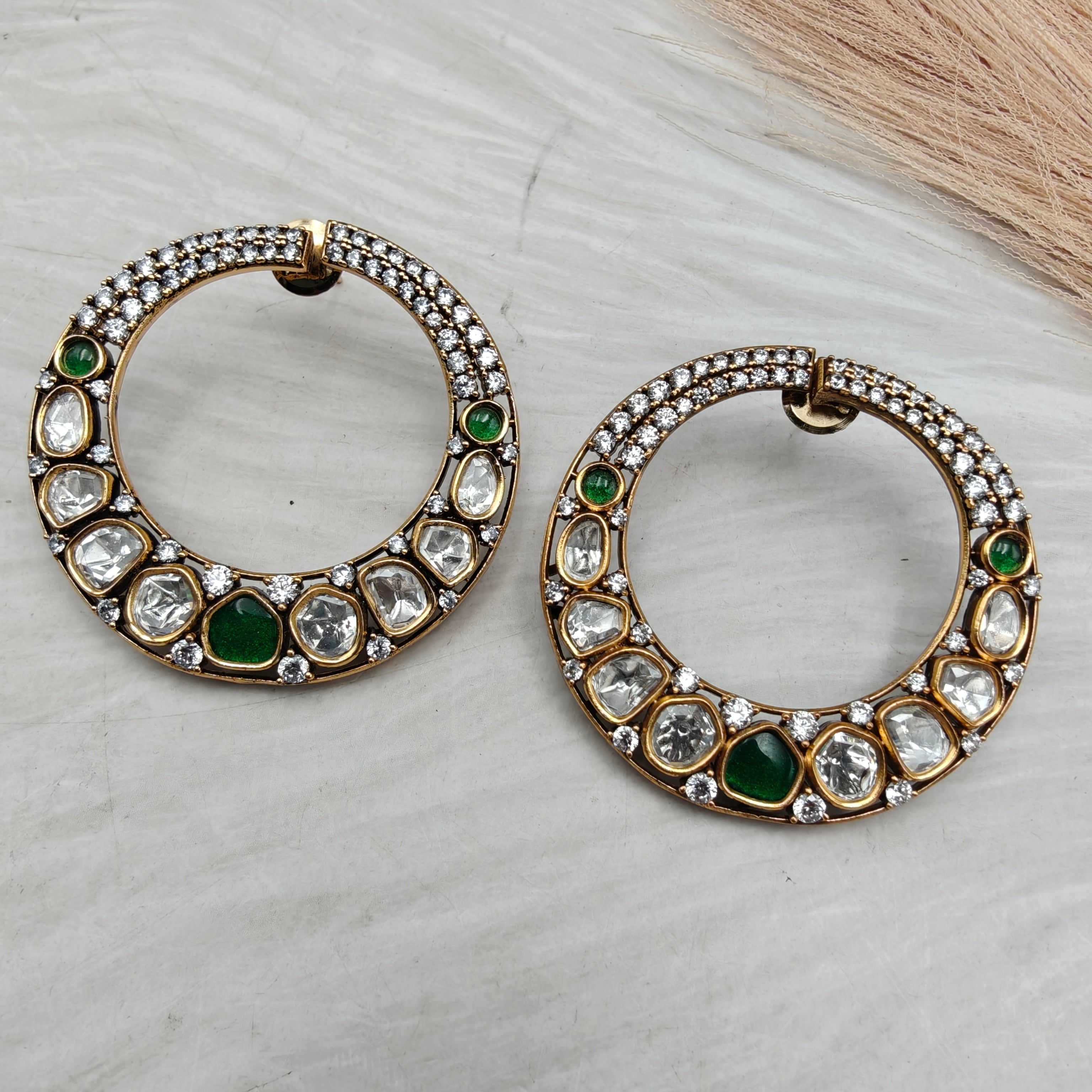 Chanda Uncut Moissanite Polki Statement Hoop style Earrings- Green
