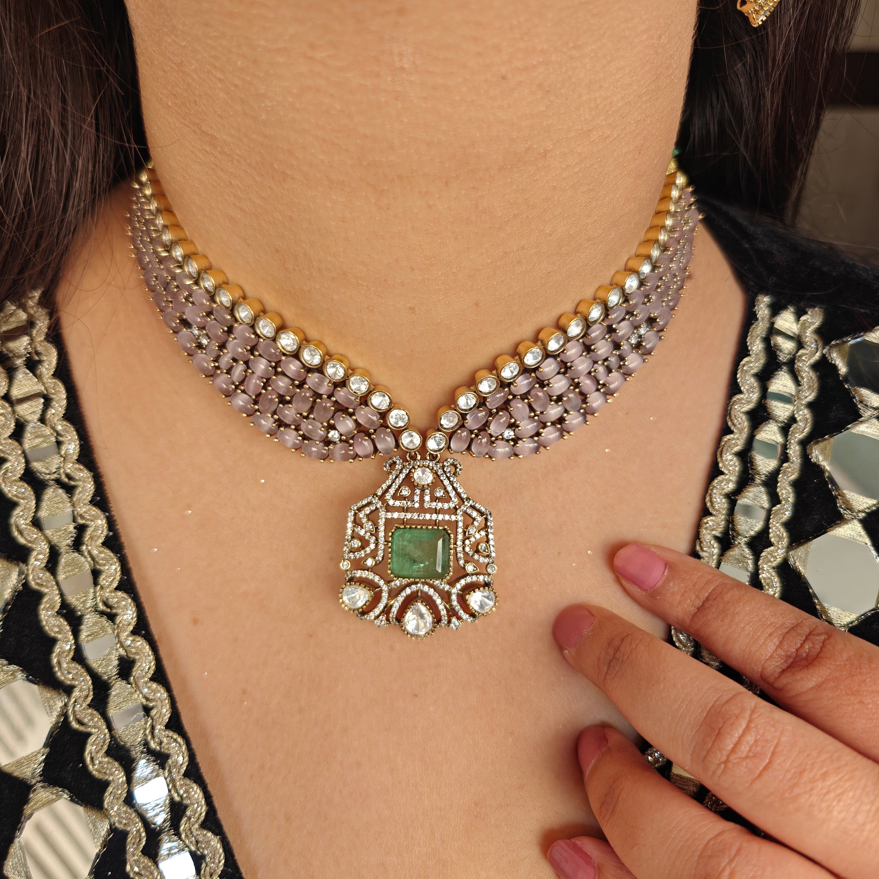 Rati Doublet and Moissanite Polki Choker Set- Pink n Mint