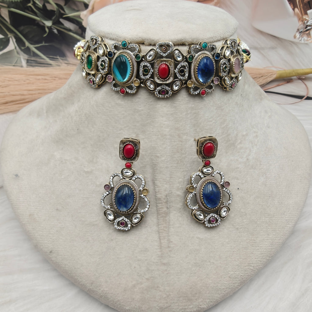 Nayab Regal Sabya Inspired choker set - Red Blue Multi