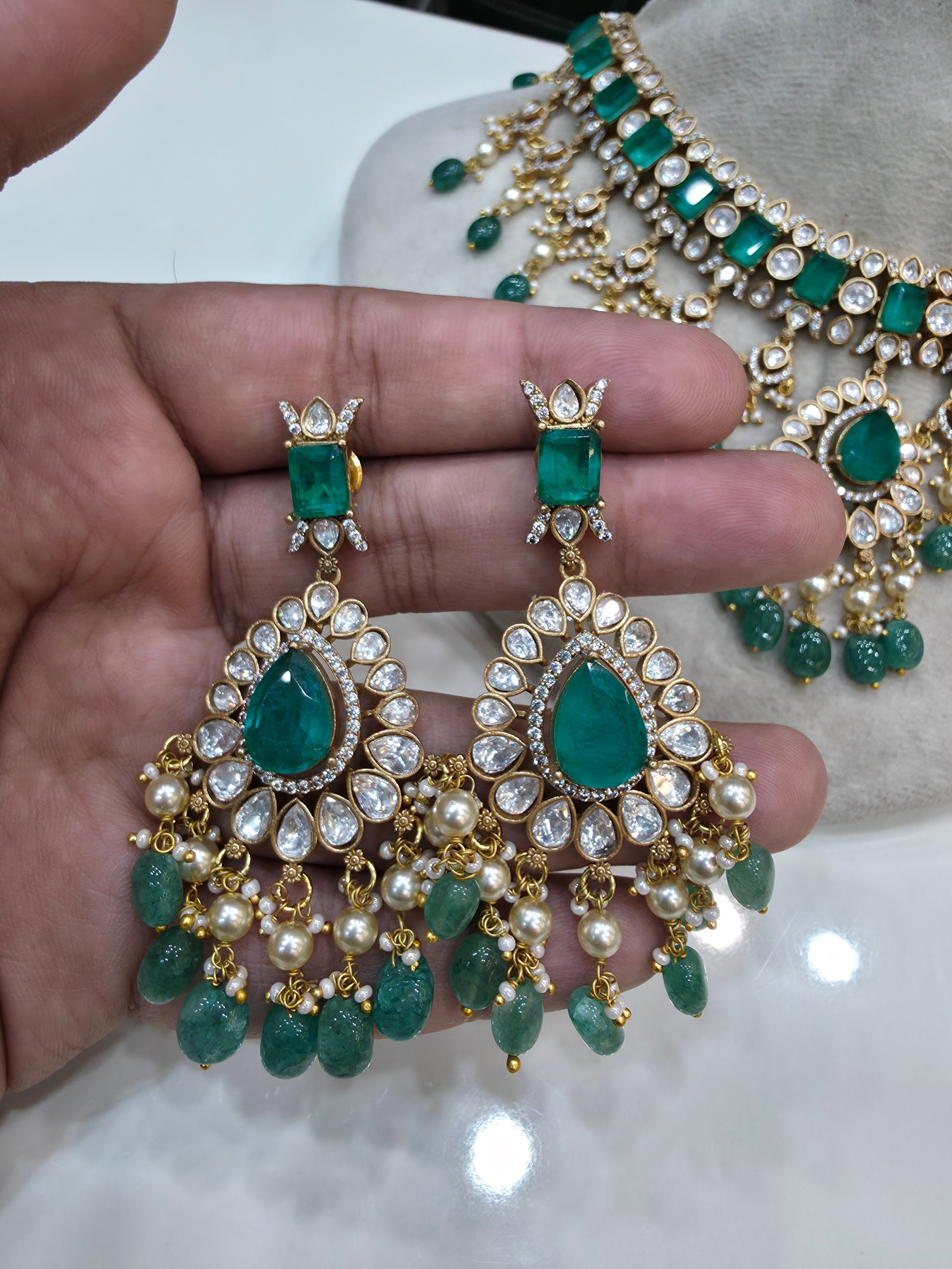 Vaishnavi Moissanite Polki Choker Necklace Set- Green