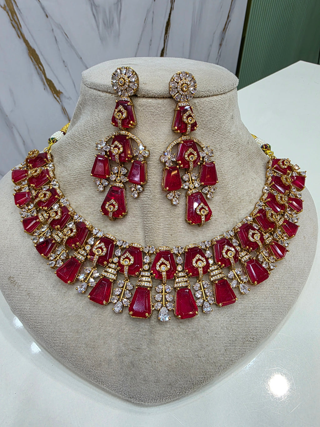 Gazal Russian Doublet Statement Necklace Set- Ruby Red