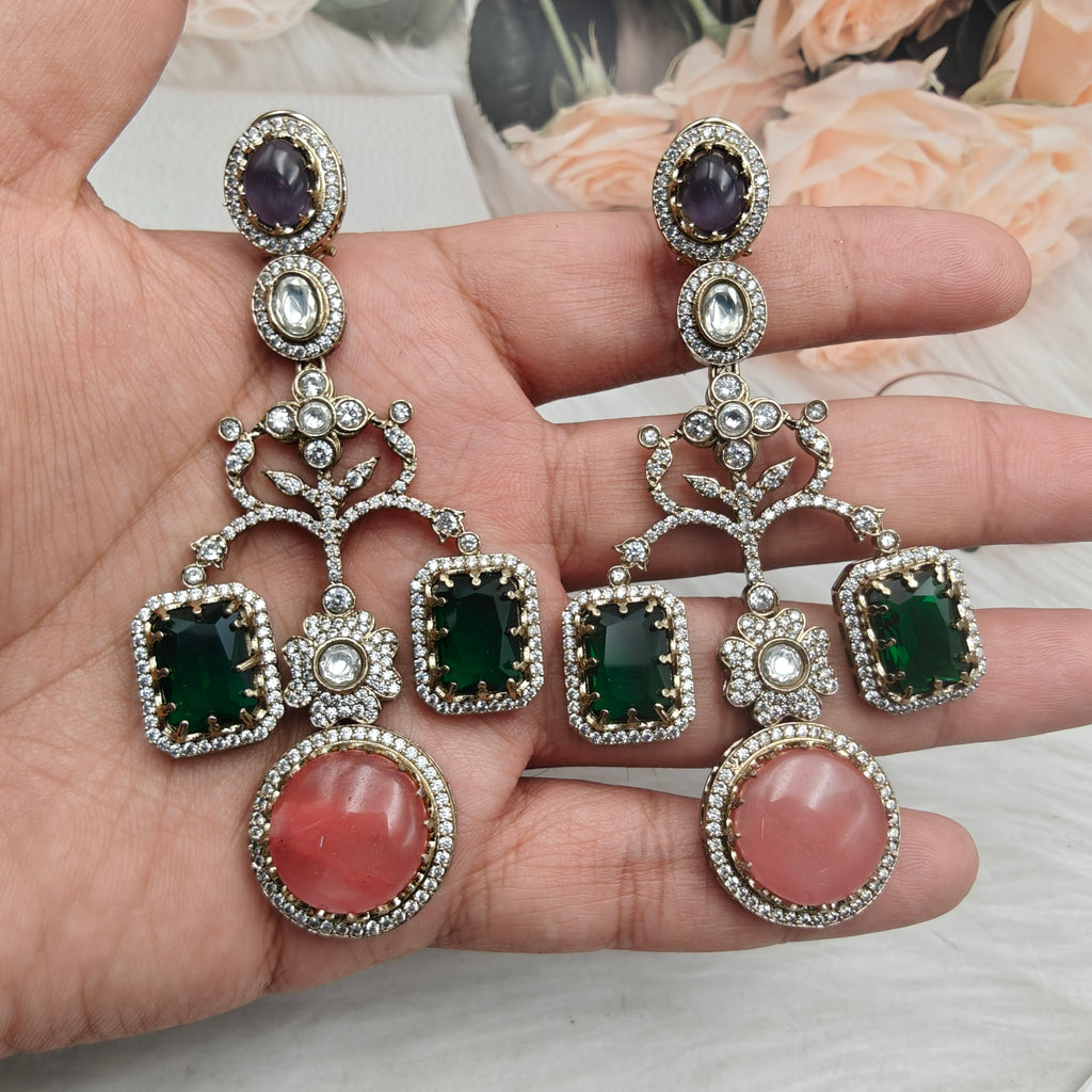 Isha Sabyasachi Inspired Gemstone Earrings- Green Coral Multi