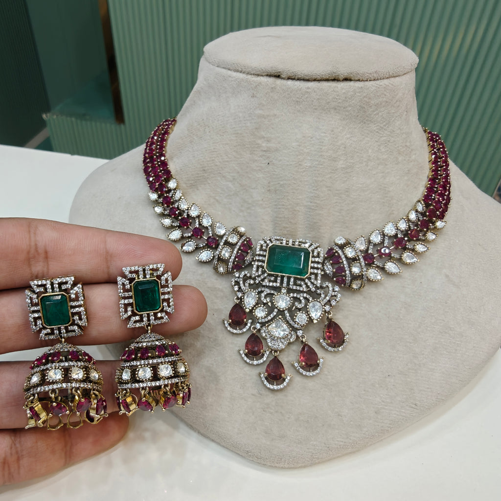 Amrita Uncut Polki Necklace Set- Ruby Green