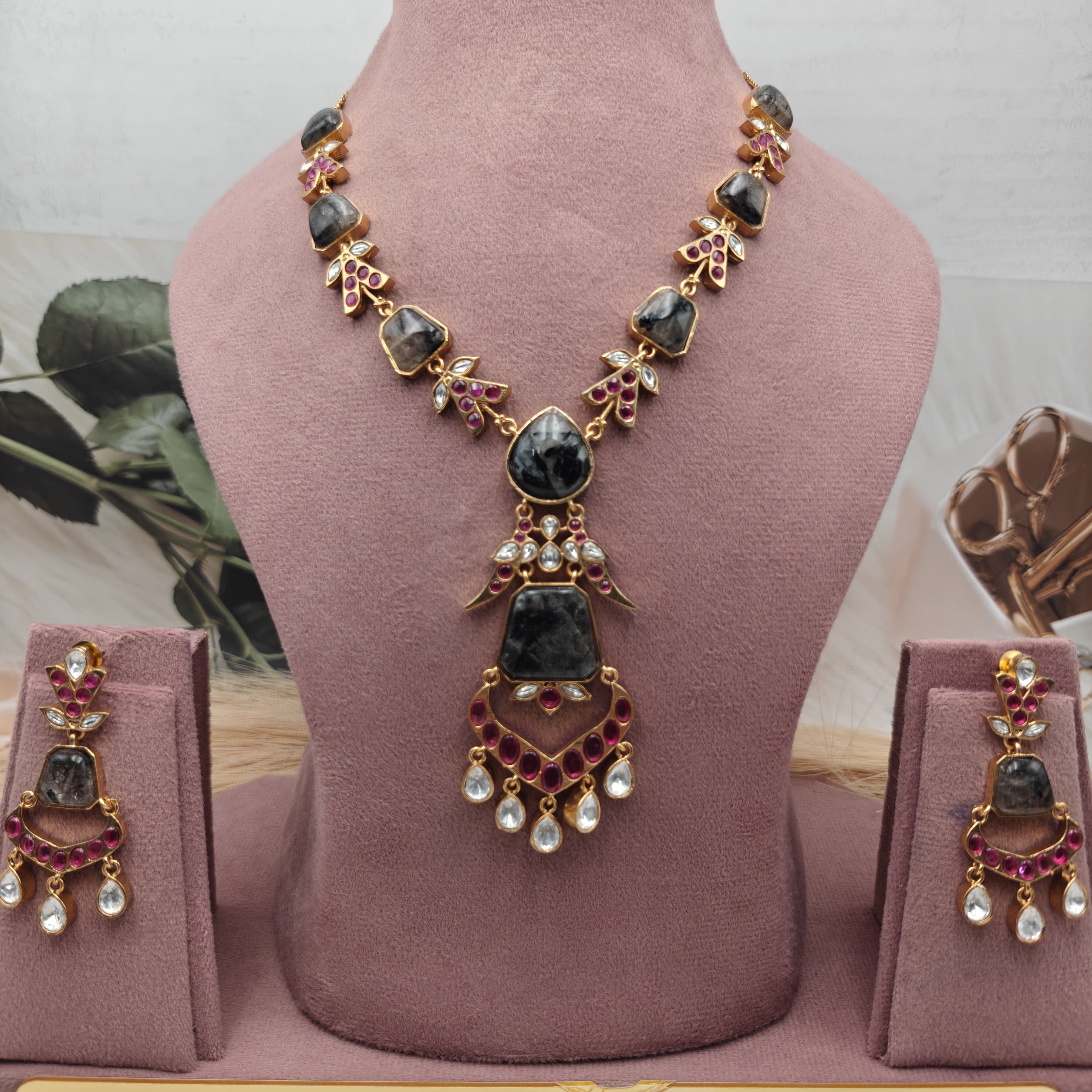 Rudra Roop Necklace Set - Grey n Ruby