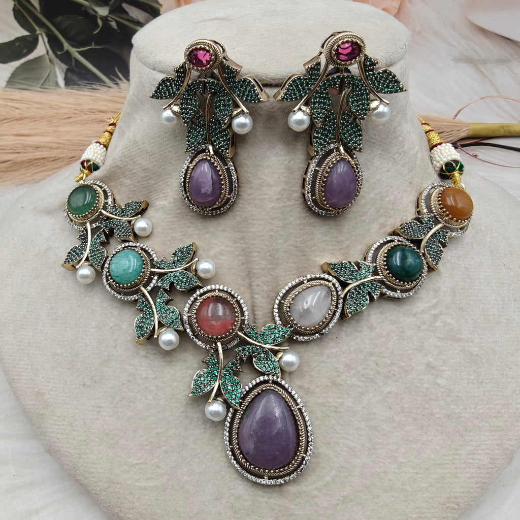 Vriksha Ratna Designer Gemstone Necklace Set- Purple Multi