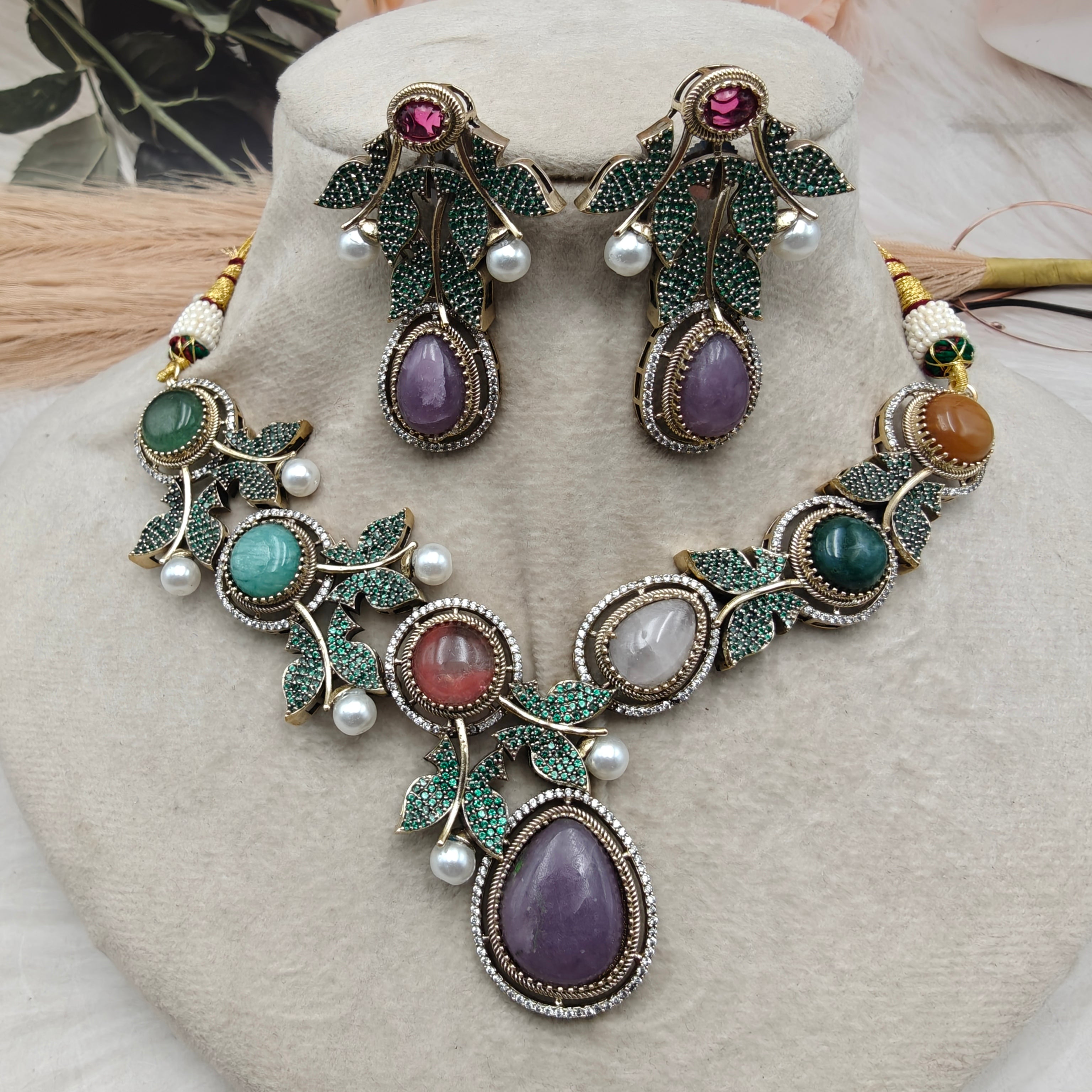 Vriksha Ratna Designer Gemstone Necklace Set- Purple Multi